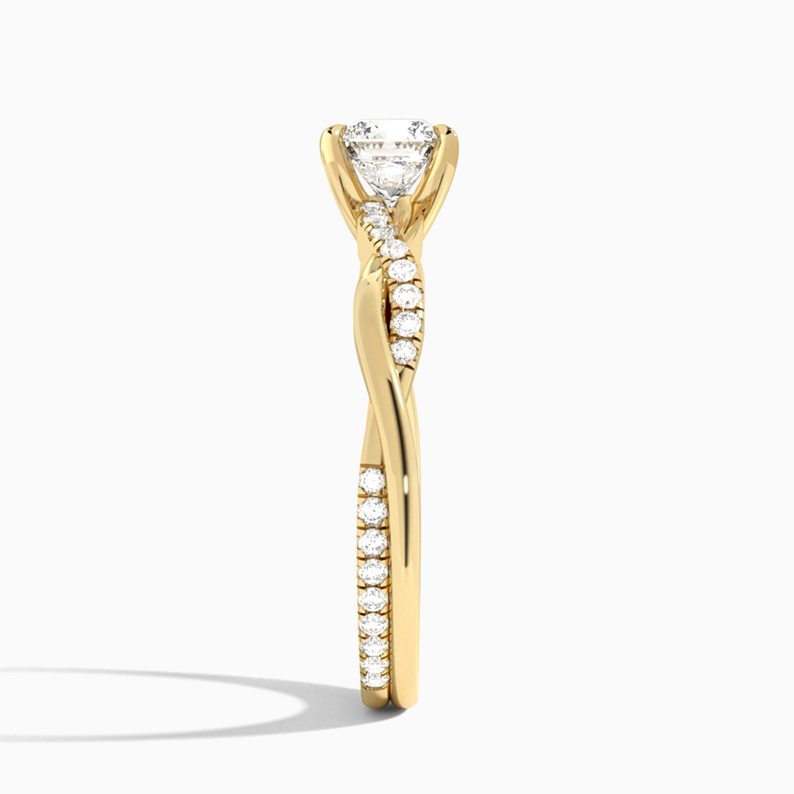 Cushion Accented Twisted Vine Lab Diamond Engagement Ring In 14K Yellow Gold, Side View