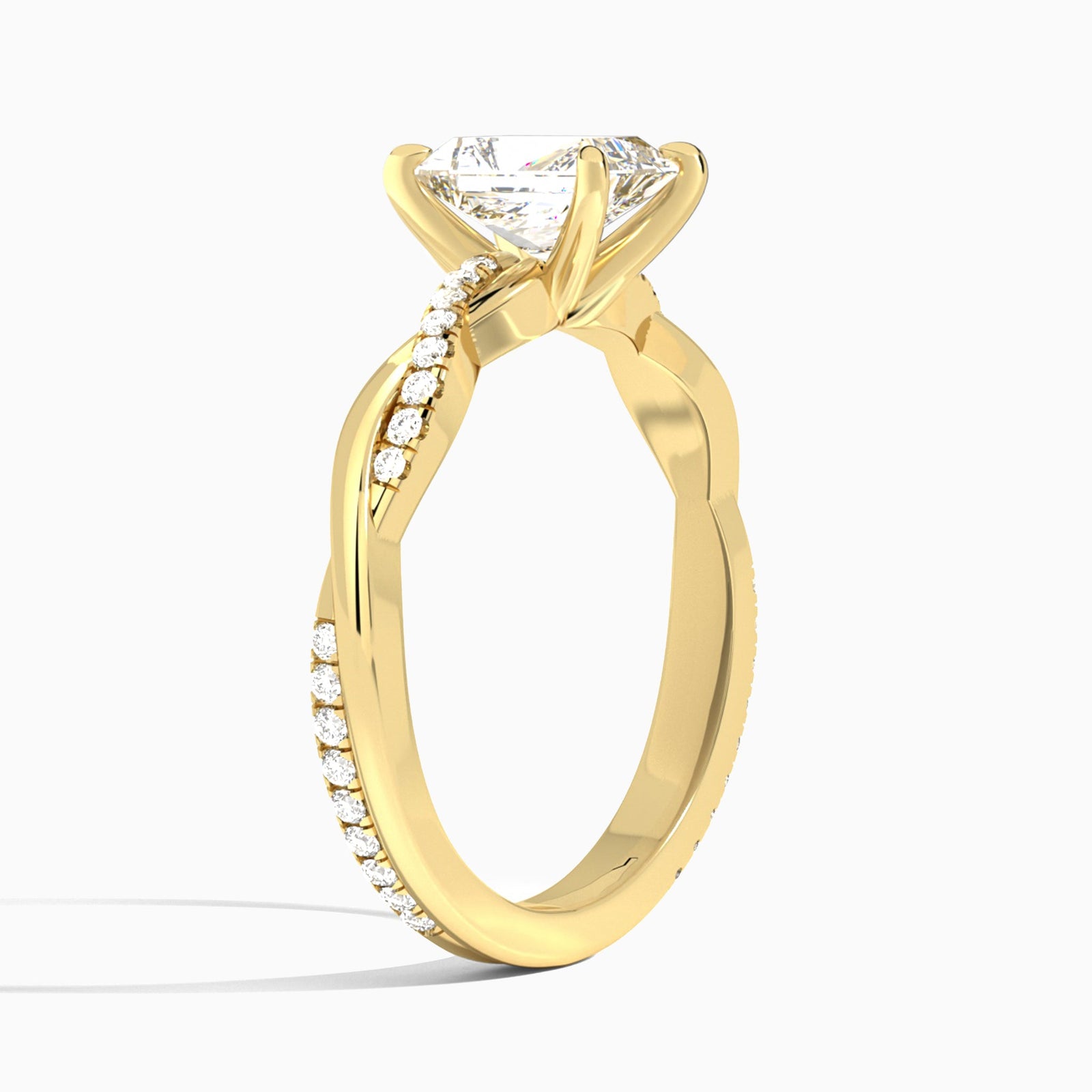 Radiant Accented Twisted Vine Lab Diamond Engagement Ring In 14K Yellow Gold, Angle View