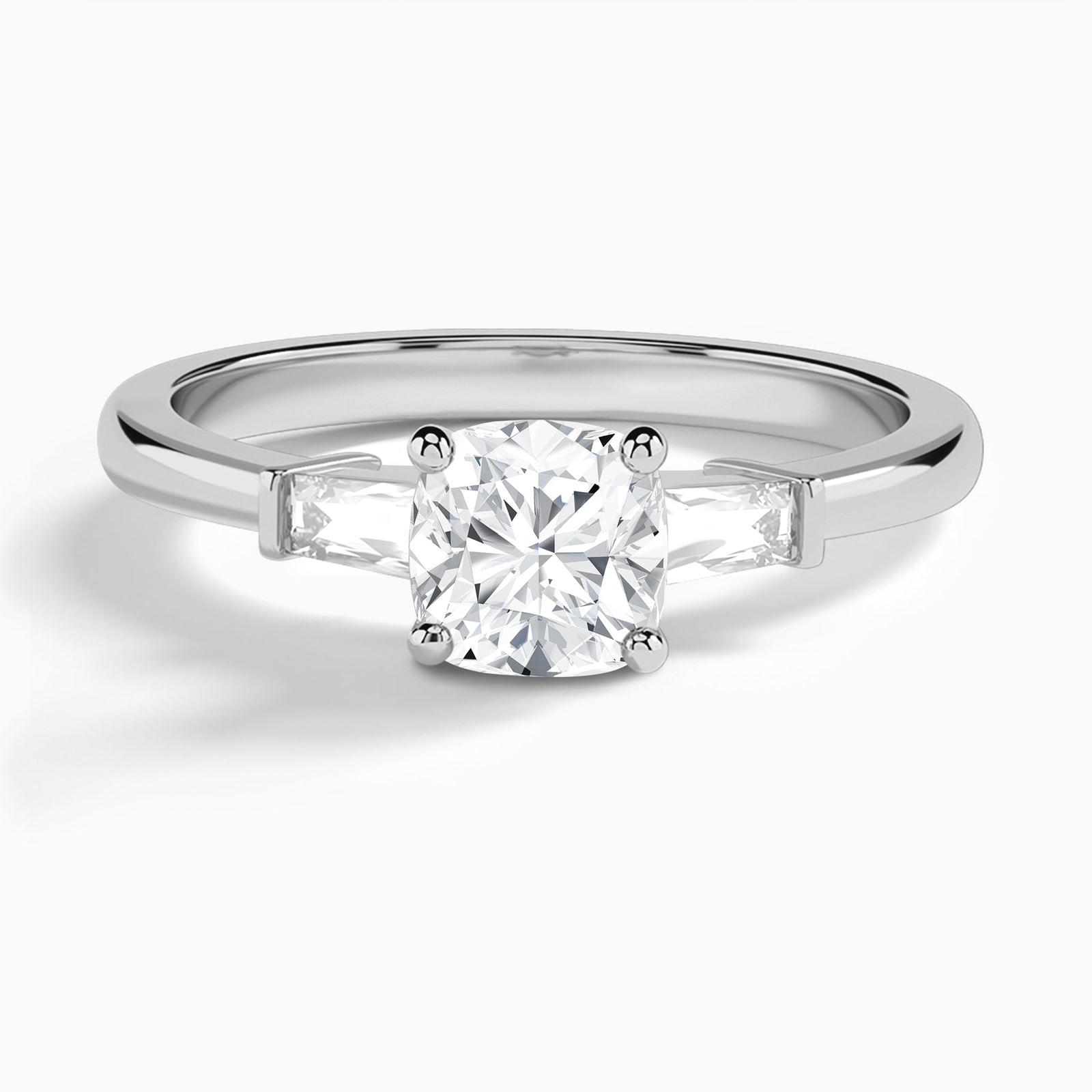 Cushion Tapered Baguette Lab Diamond Engagement Ring In 14K White Gold - Lucenjuri