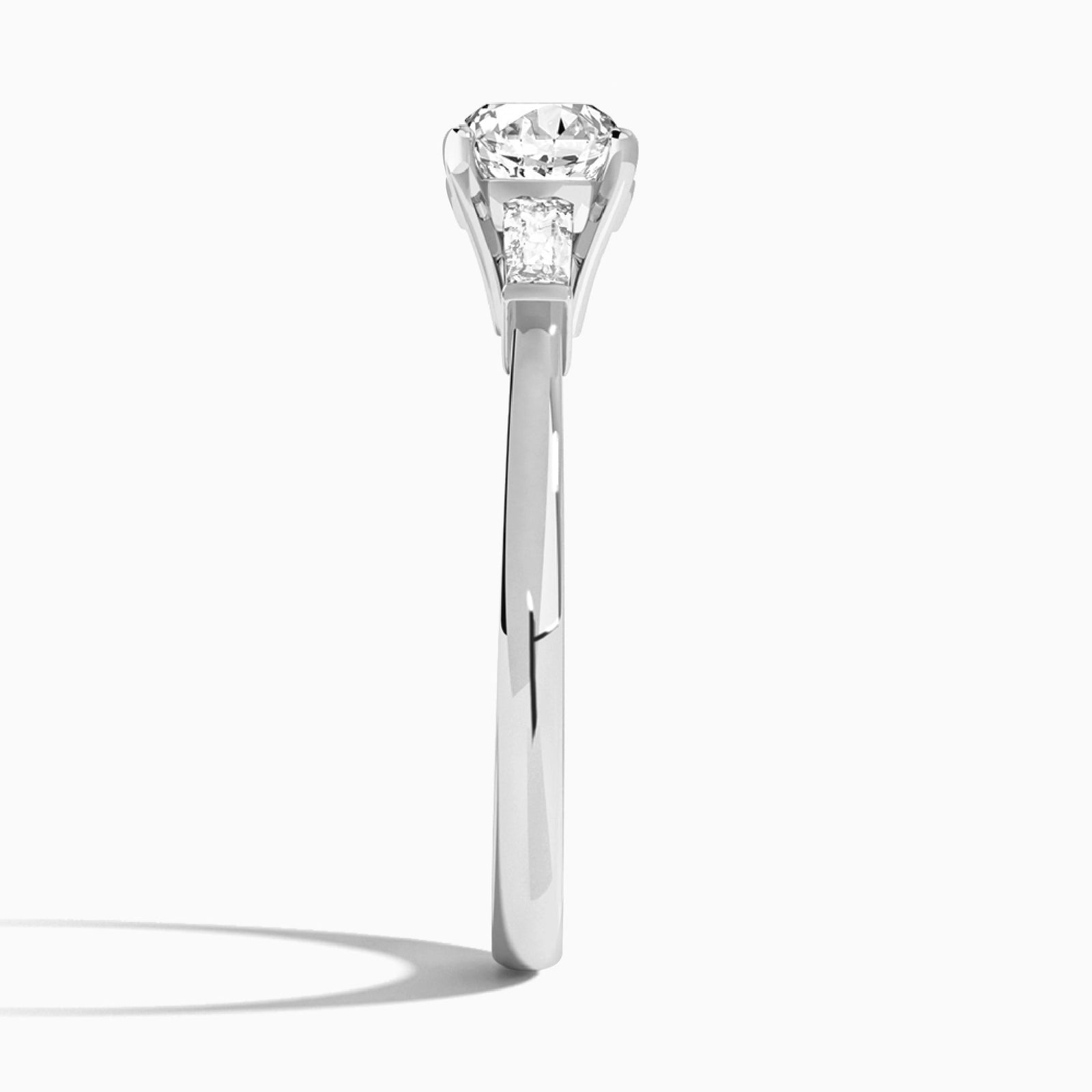 Round Tapered Baguette Lab Diamond Engagement Ring In 18K White Gold, Side View