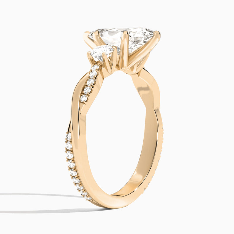 Pear Three Stone Twisted Vine Lab Diamond Engagement Ring In 14K Rose Gold, Angle View