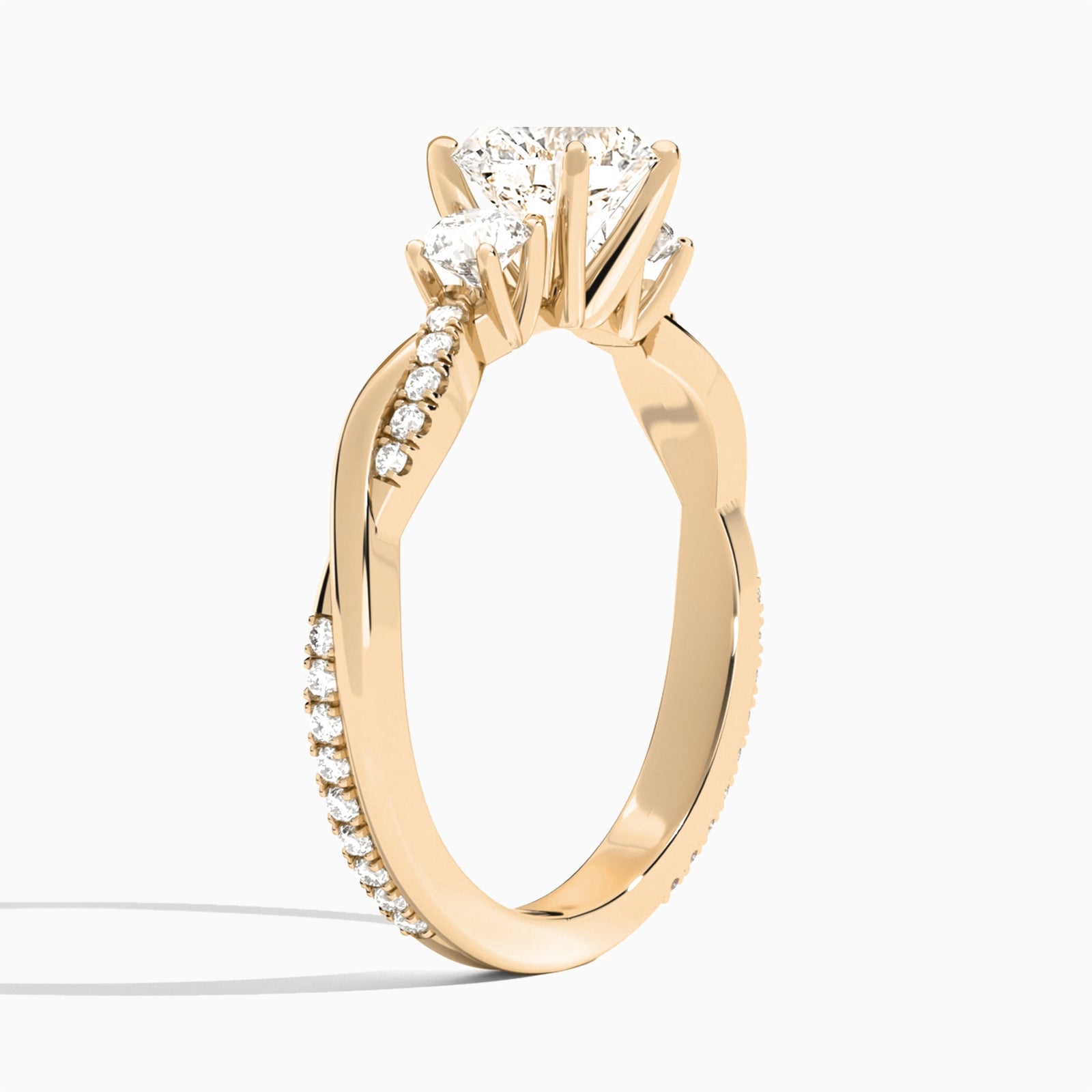 Round Three Stone Twisted Vine Lab Diamond Engagement Ring In 14K Rose Gold, Angle View