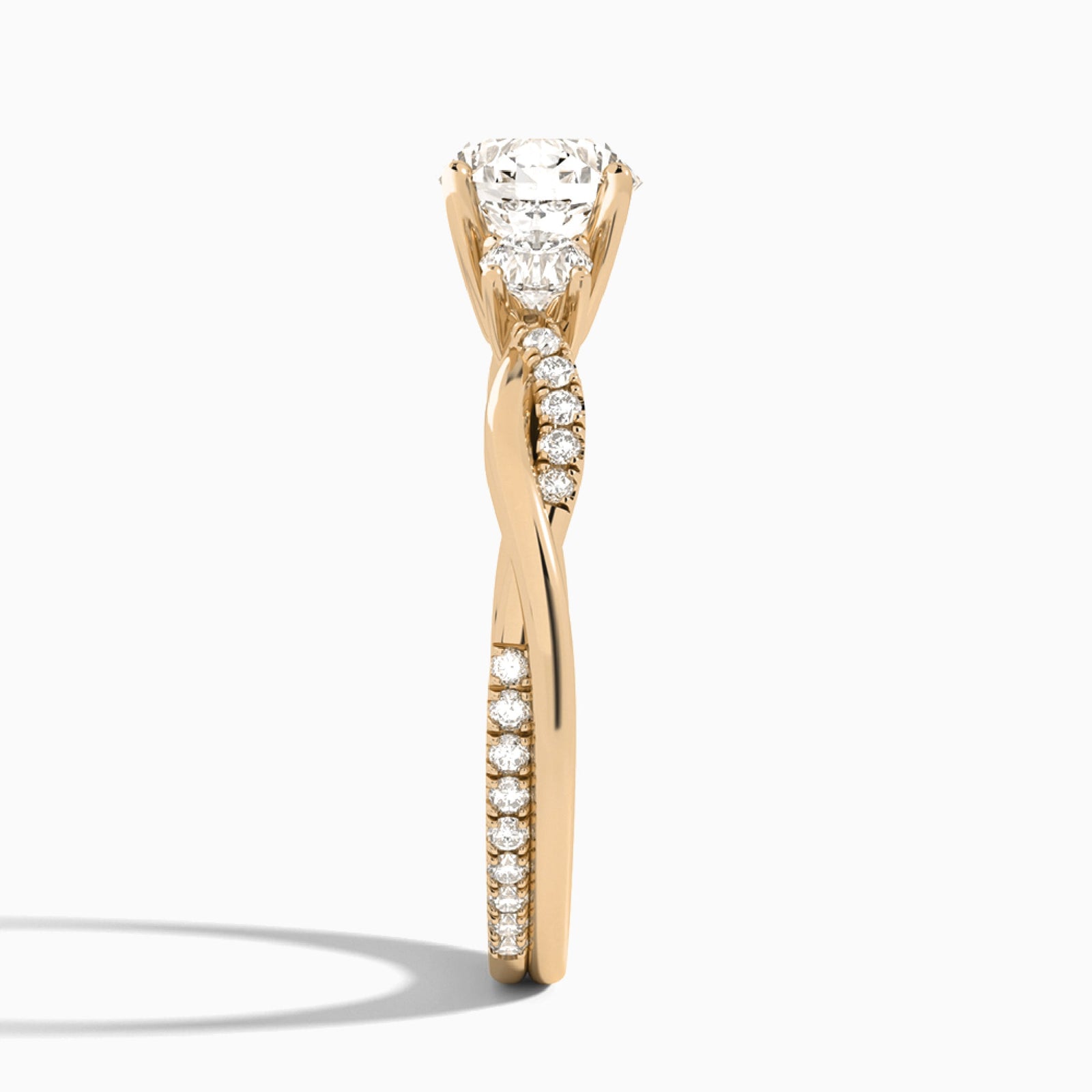 Round Three Stone Twisted Vine Lab Diamond Engagement Ring In 14K Rose Gold, Side View
