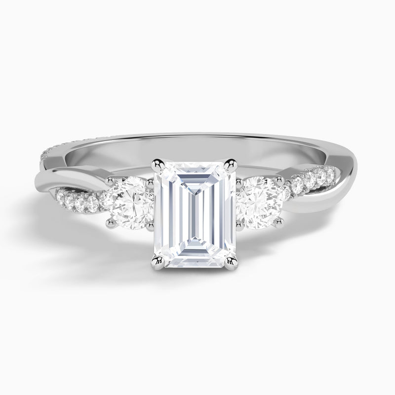 Emerald Three Stone Twisted Vine Lab Diamond Engagement Ring In 14K White Gold - Lucenjuri