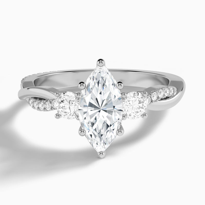 Marquise Three Stone Twisted Vine Lab Diamond Engagement Ring In 18K White Gold - Lucenjuri