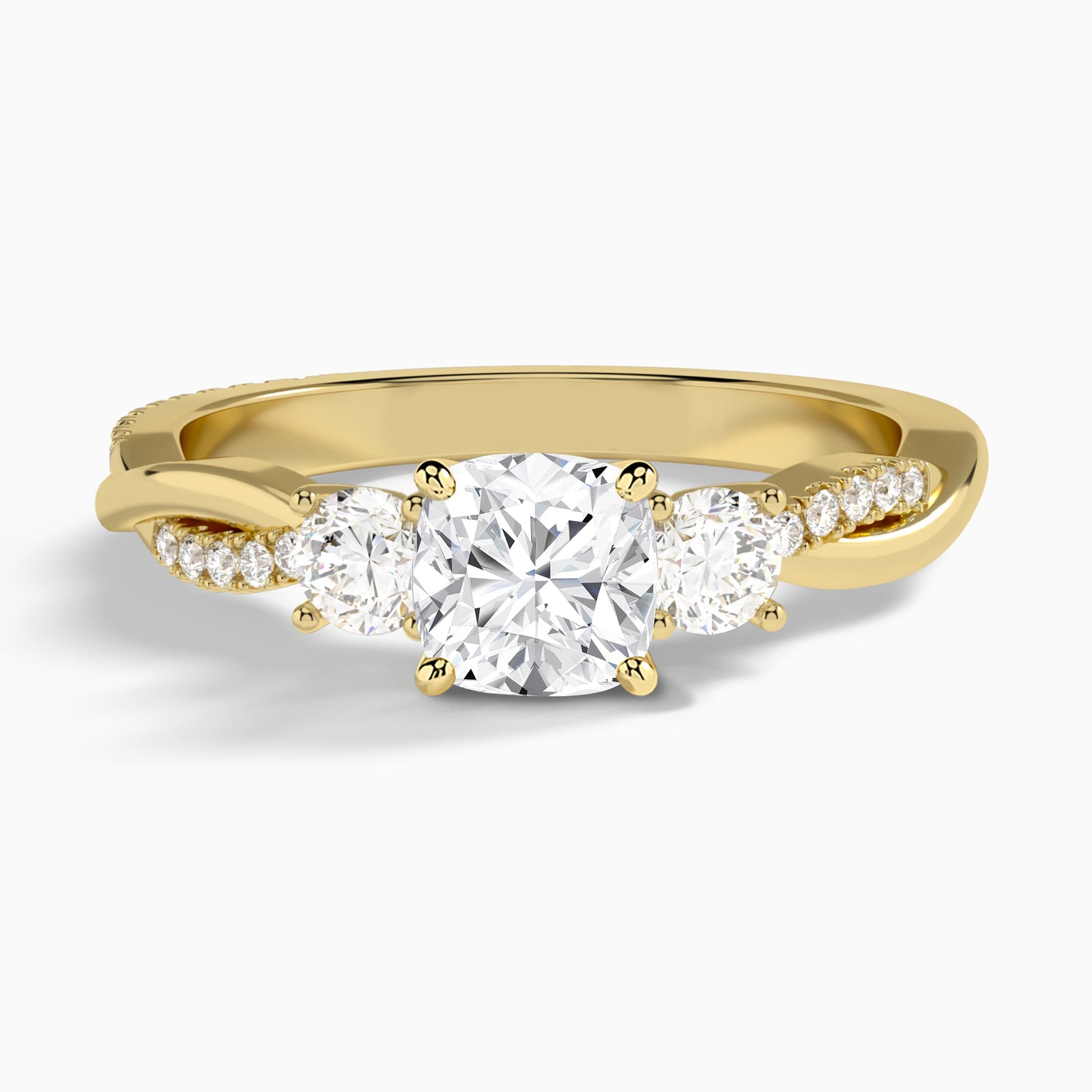 Cushion Three Stone Twisted Vine Lab Diamond Engagement Ring In 14K Yellow Gold - Lucenjuri