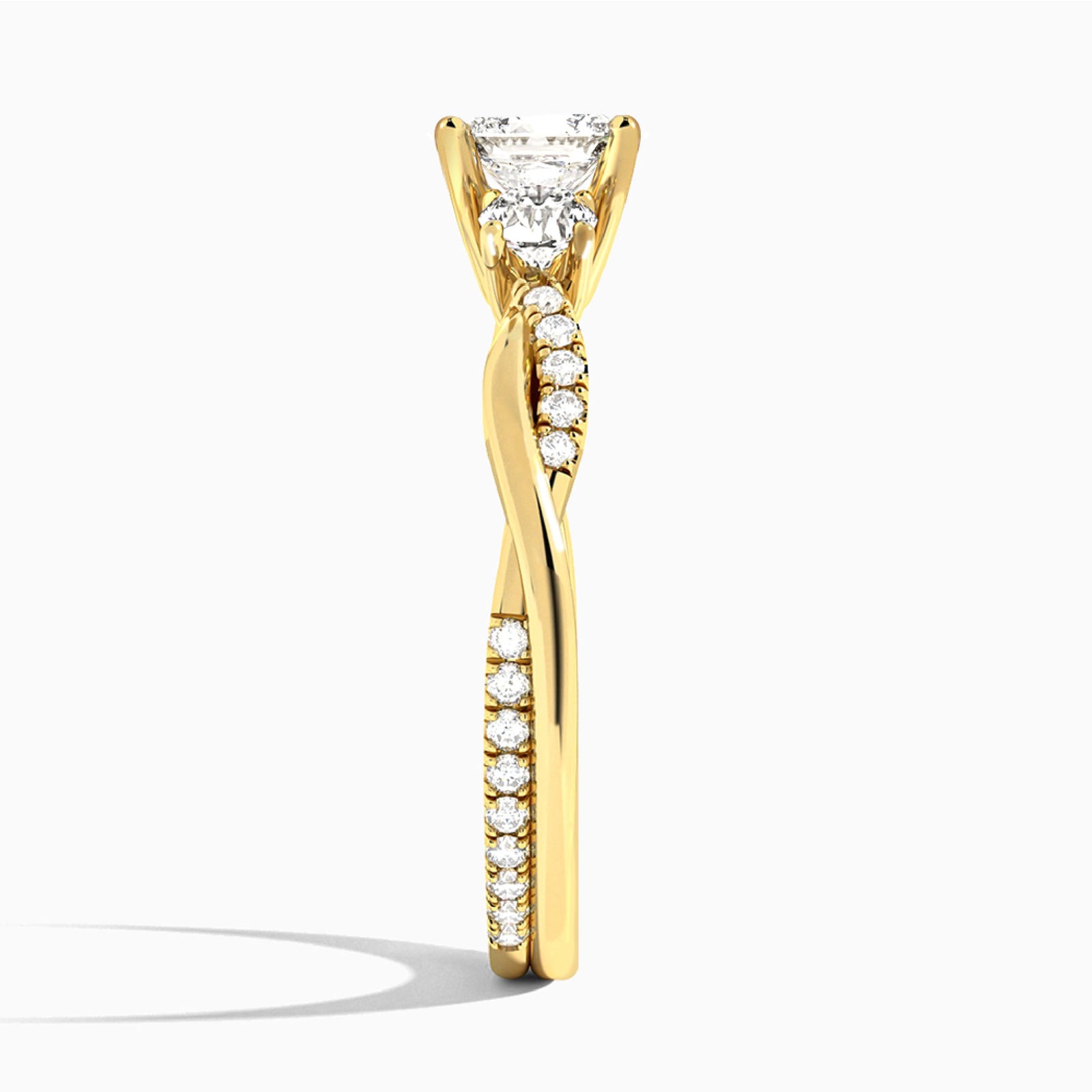 Cushion Three Stone Twisted Vine Lab Diamond Engagement Ring In 14K Yellow Gold, Side View