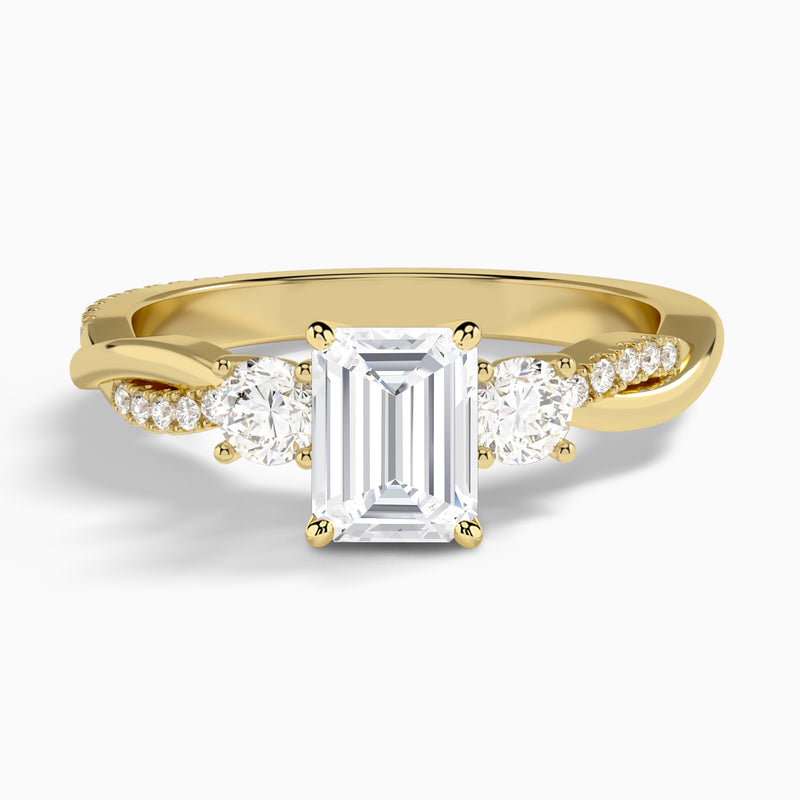 Emerald Three Stone Twisted Vine Lab Diamond Engagement Ring In 14K Yellow Gold - Lucenjuri