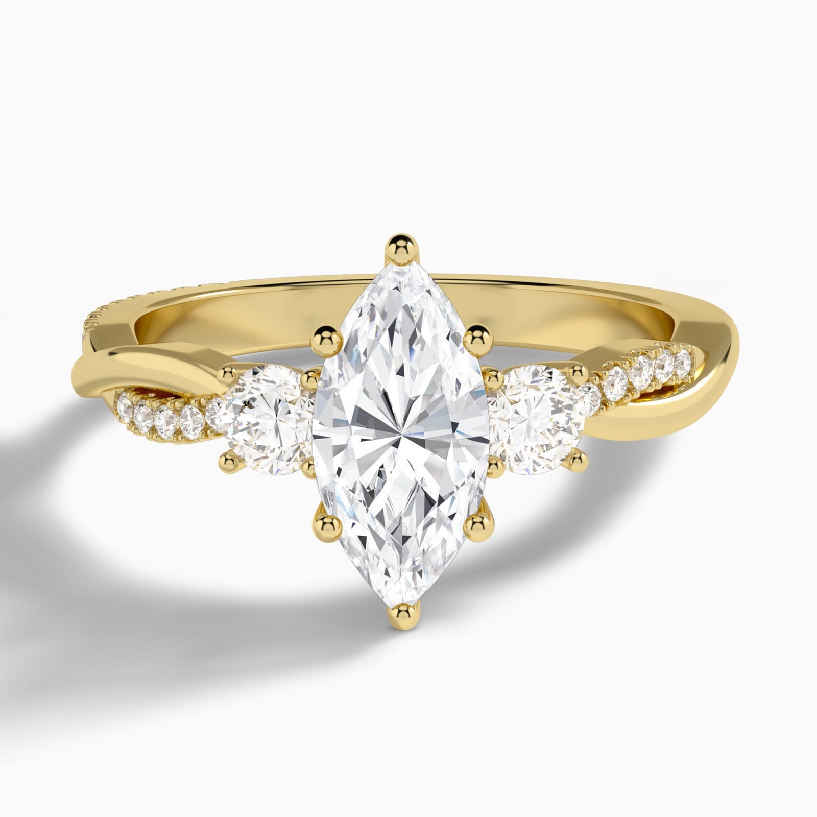 Marquise Three Stone Twisted Vine Lab Diamond Engagement Ring In 14K Yellow Gold - Lucenjuri
