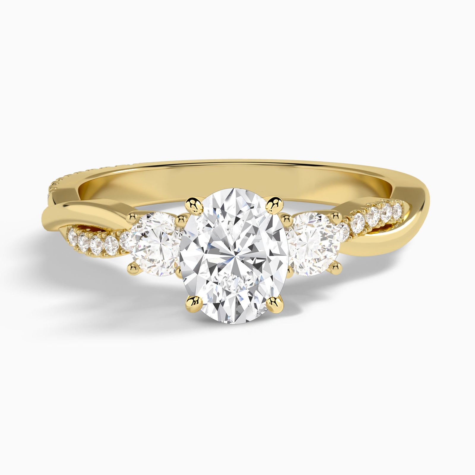 Oval Three Stone Twisted Vine Lab Diamond Engagement Ring In 18K Yellow Gold - Lucenjuri