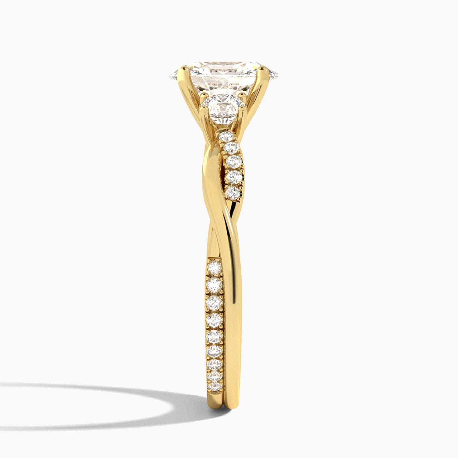 Oval Three Stone Twisted Vine Lab Diamond Engagement Ring In 18K Yellow Gold, Side View