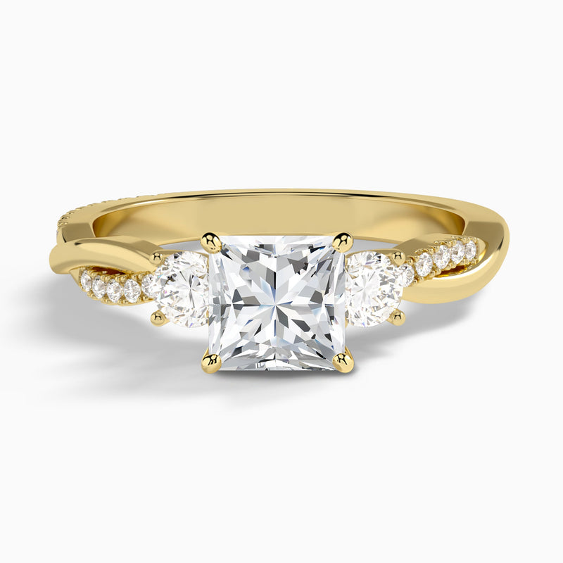 Princess Three Stone Twisted Vine Lab Diamond Engagement Ring In 18K Yellow Gold - Lucenjuri