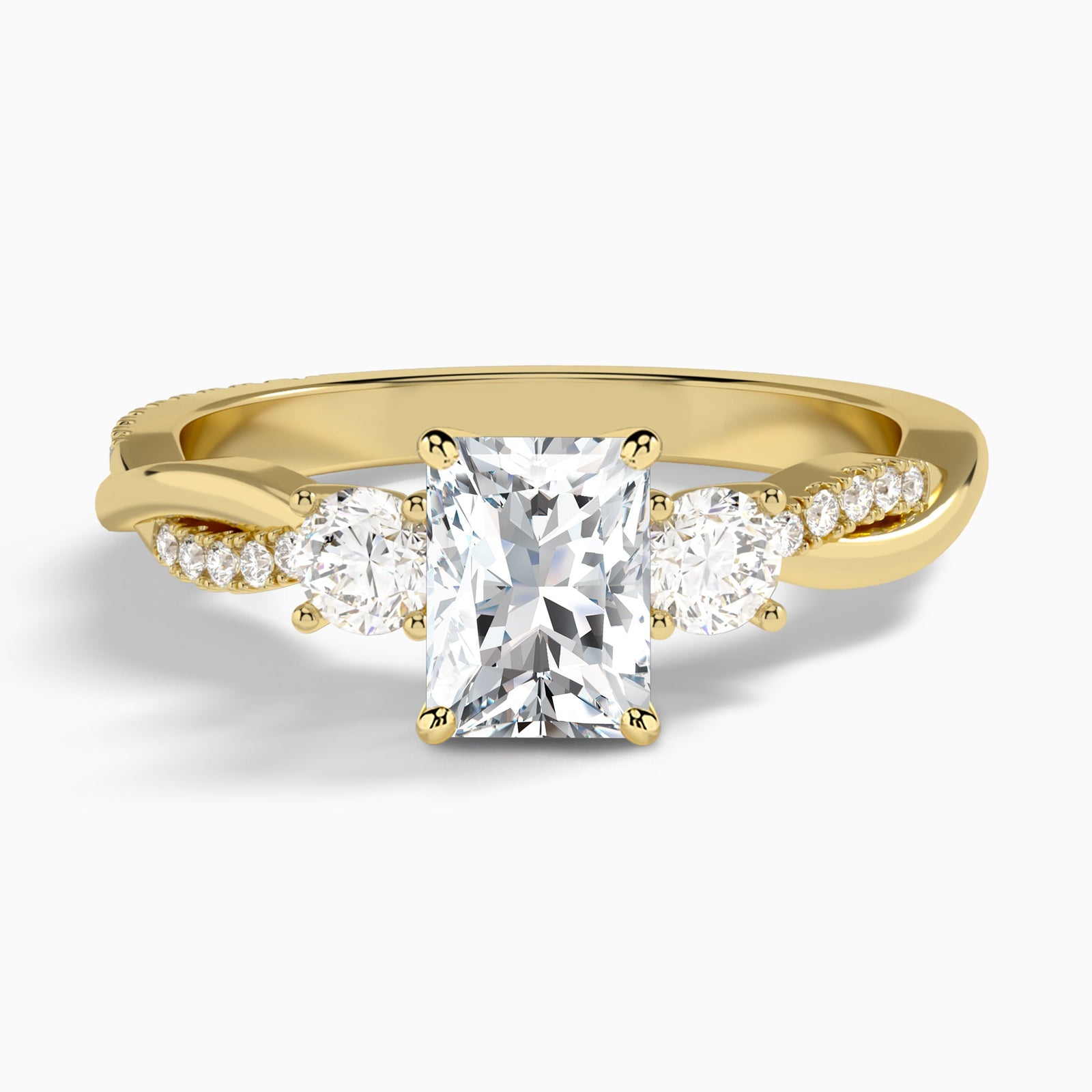 Radiant Three Stone Twisted Vine Lab Diamond Engagement Ring In 14K Yellow Gold - Lucenjuri