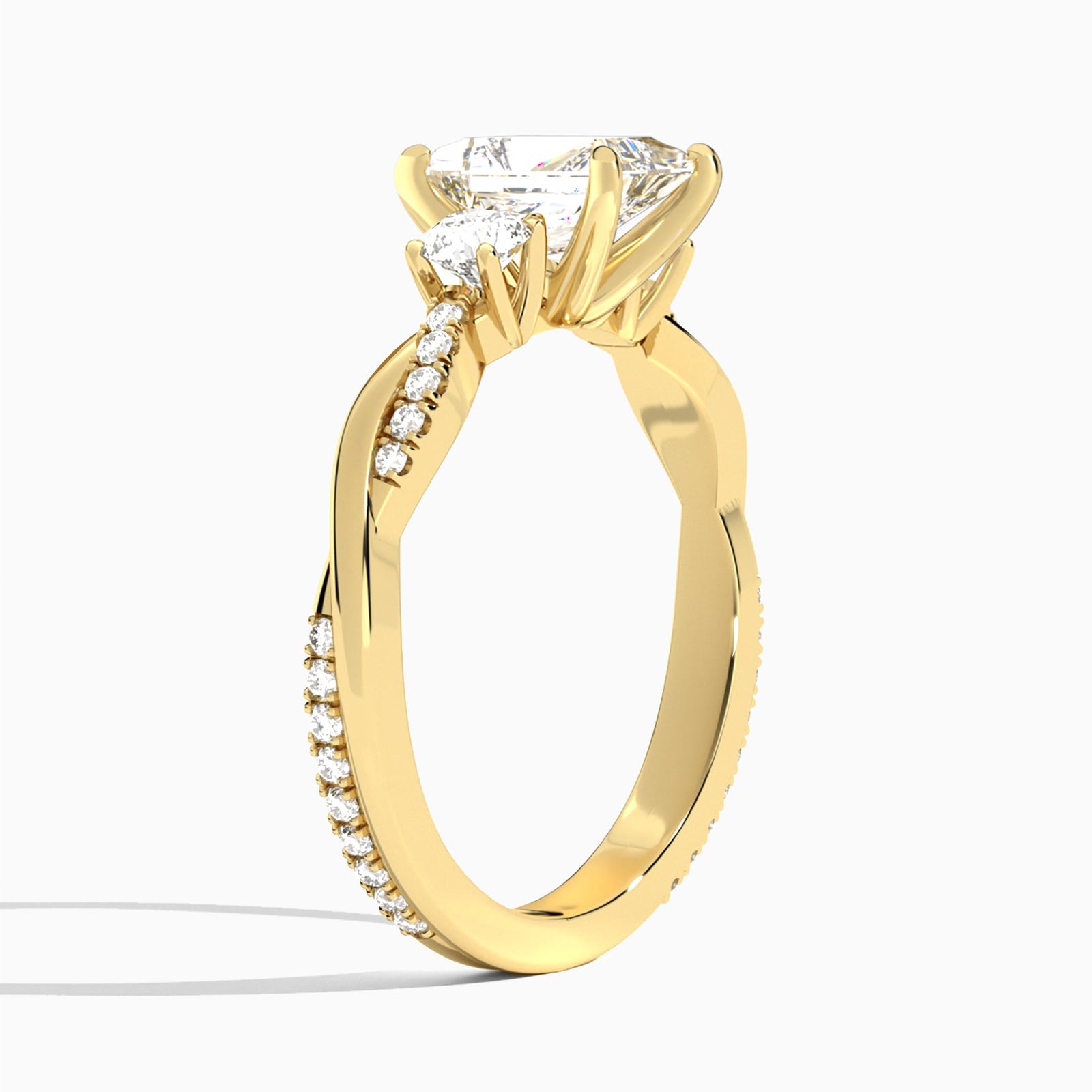 Radiant Three Stone Twisted Vine Lab Diamond Engagement Ring In 14K Yellow Gold, Angle View
