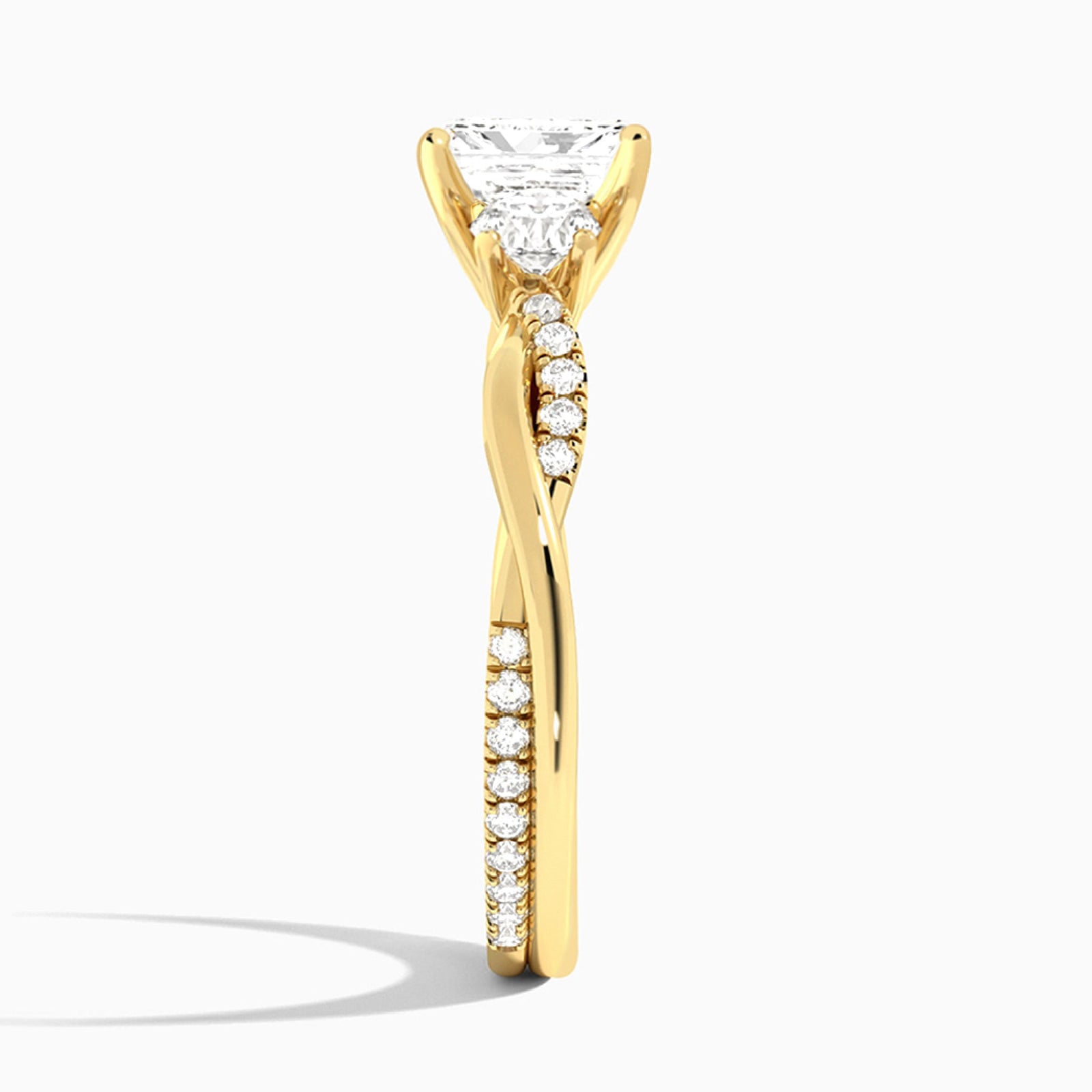 Radiant Three Stone Twisted Vine Lab Diamond Engagement Ring In 14K Yellow Gold, Side View