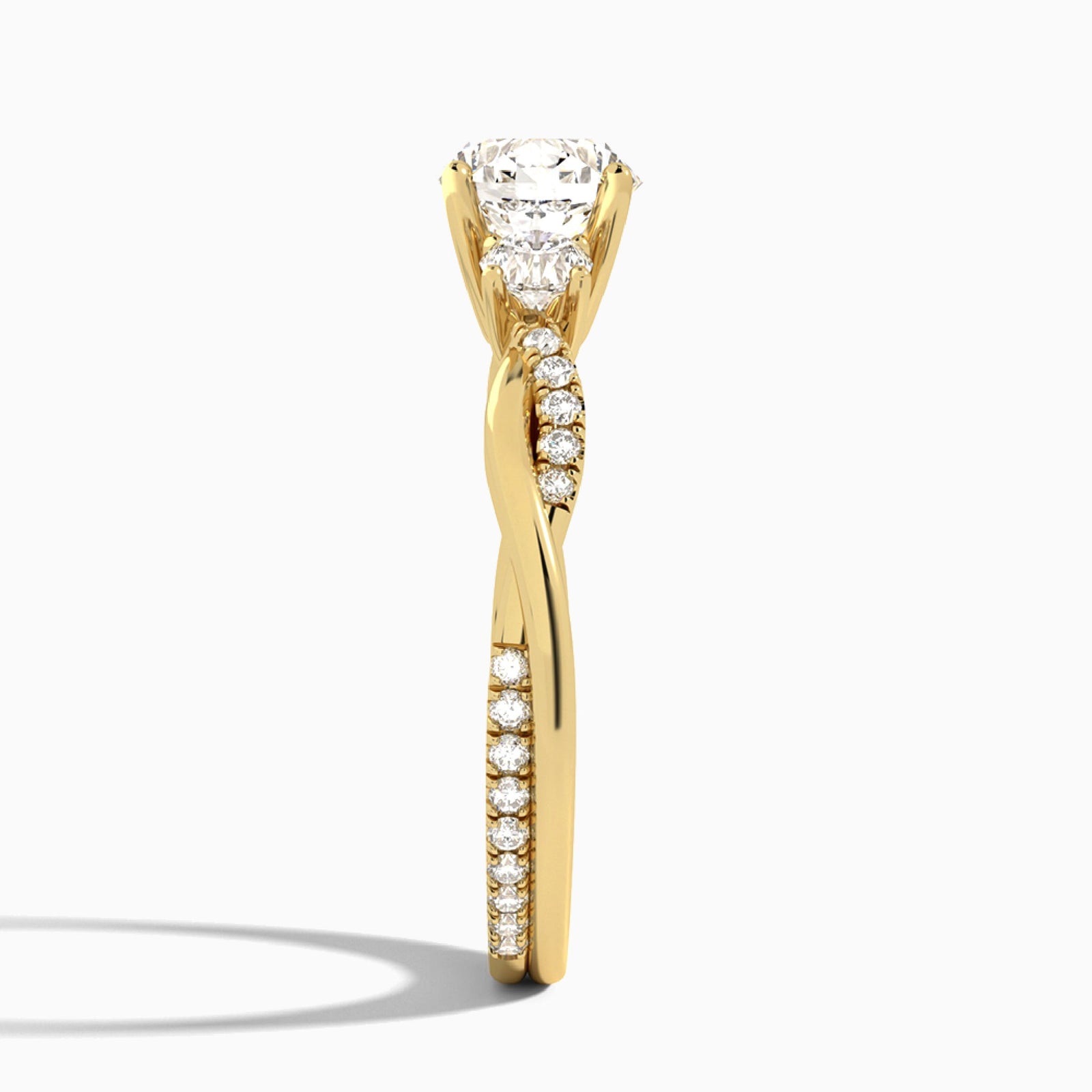 Round Three Stone Twisted Vine Lab Diamond Engagement Ring In 14K Yellow Gold, Side View
