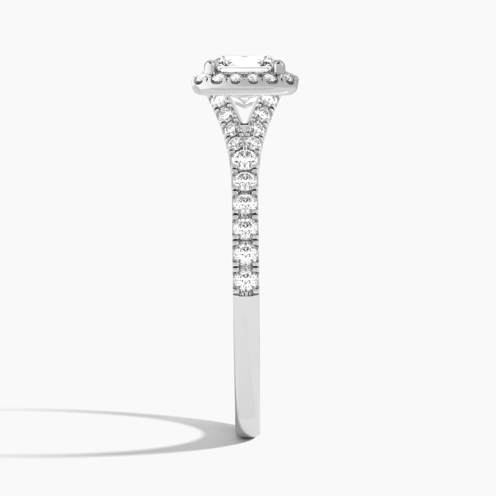 Asscher Bliss Halo Lab Grown Diamond Engagement Ring In 18K White Gold, Side View