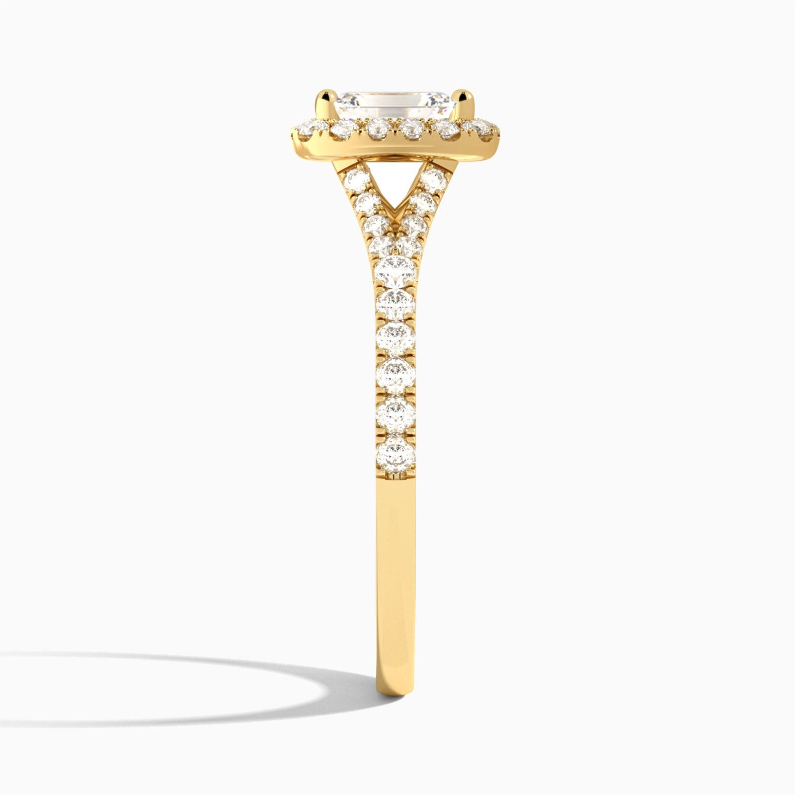Emerald Bliss Halo Lab Grown Diamond Engagement Ring In 18K Yellow Gold, Side View