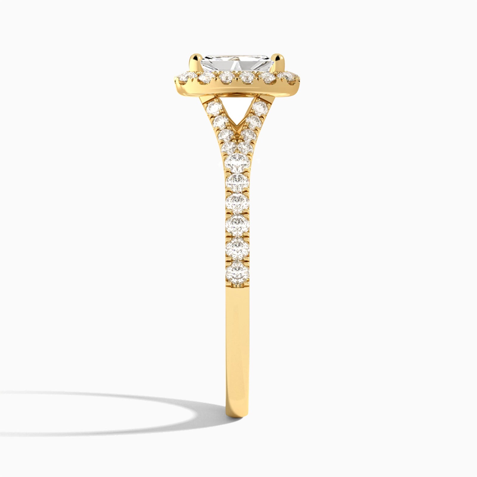 Radiant Bliss Halo Lab Grown Diamond Engagement Ring In 18K Yellow Gold, Side View