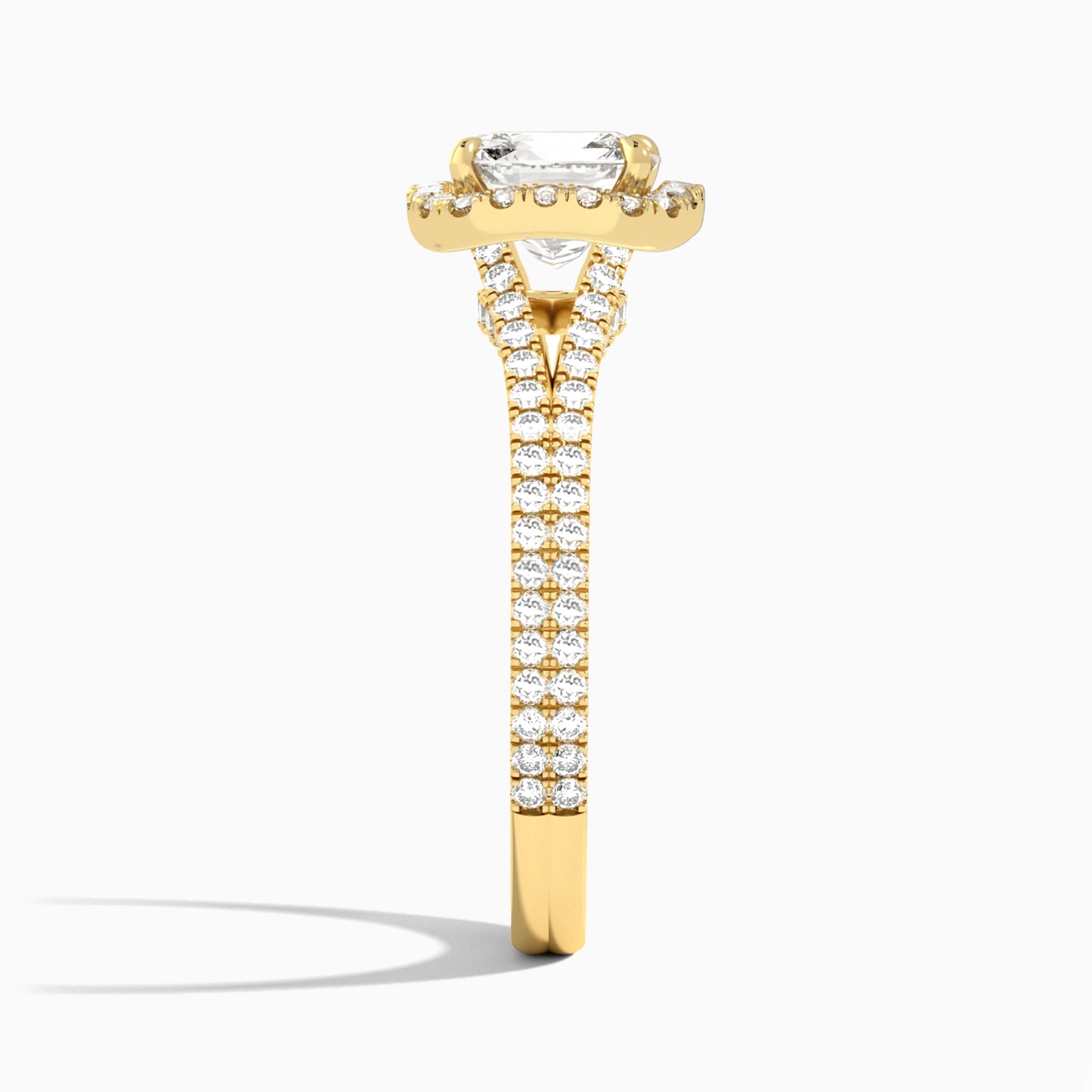 Cushion Minerva Halo Lab Grown Diamond Engagement Ring In 14K Yellow Gold, Side View