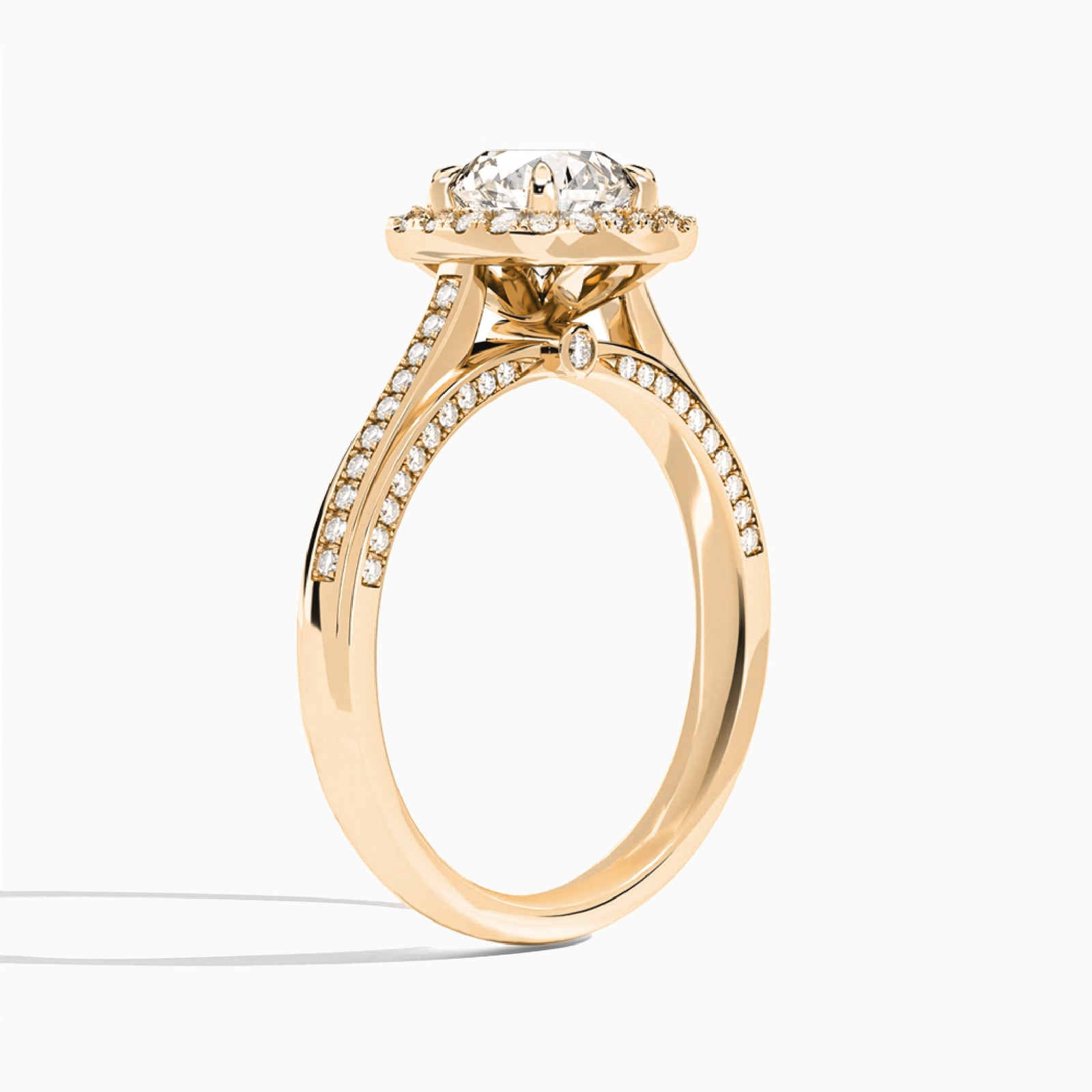 Round Luxe Pavé Halo Lab Grown Diamond Engagement Ring In 14K Rose Gold, Angle View