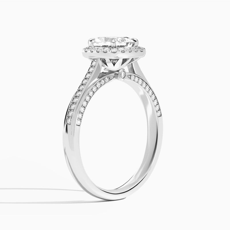 Radiant Luxe Pavé Halo Lab Diamond Engagement Ring In 14K White Gold, Angle View