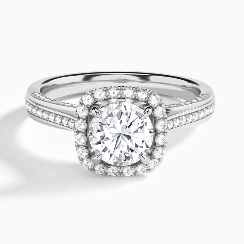 Round Luxe Pavé Halo Lab Diamond Engagement Ring In 14K White Gold - Lucenjuri