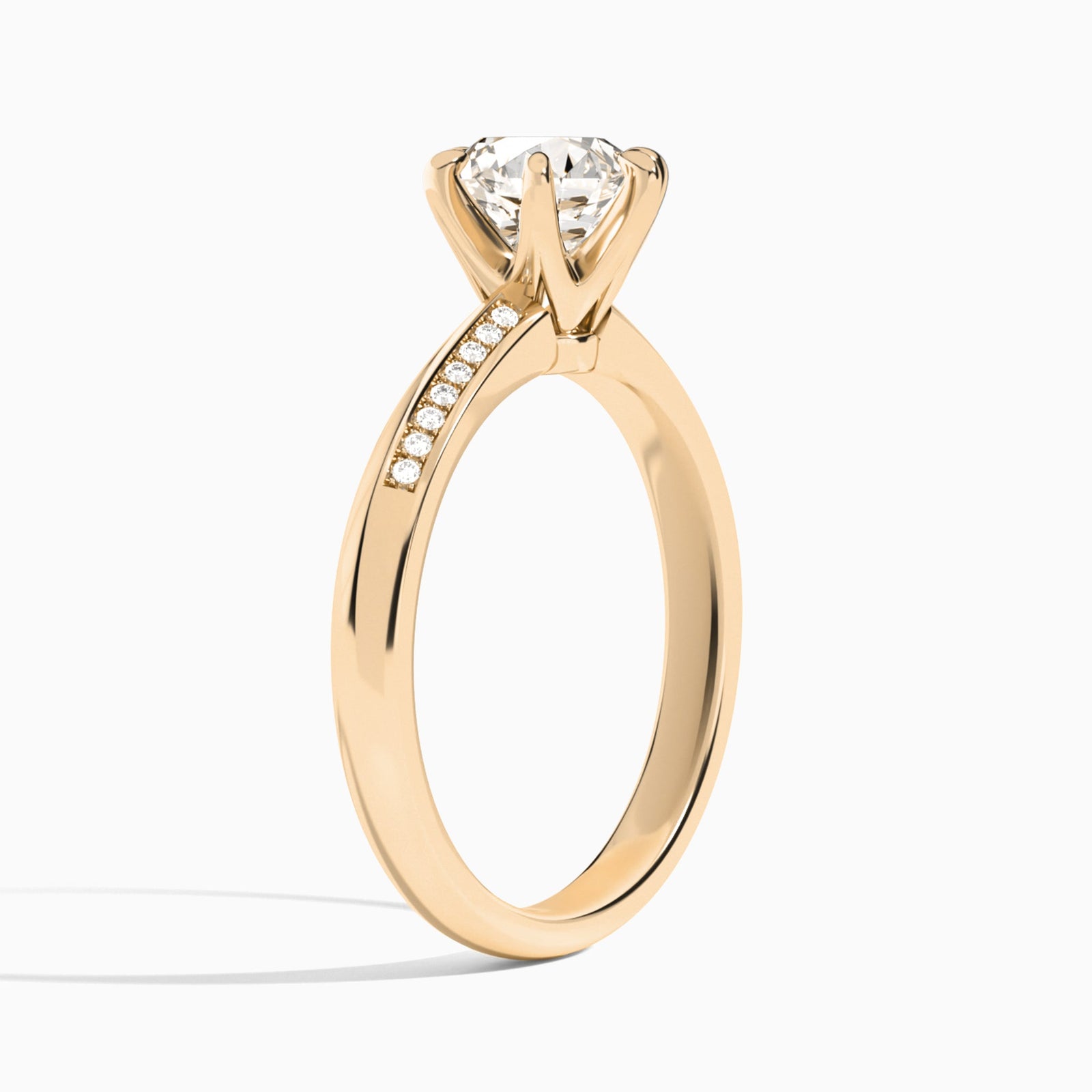 Round Adorned Six-Prong Lab Diamond Engagement Ring In 14K Rose Gold, Angle View