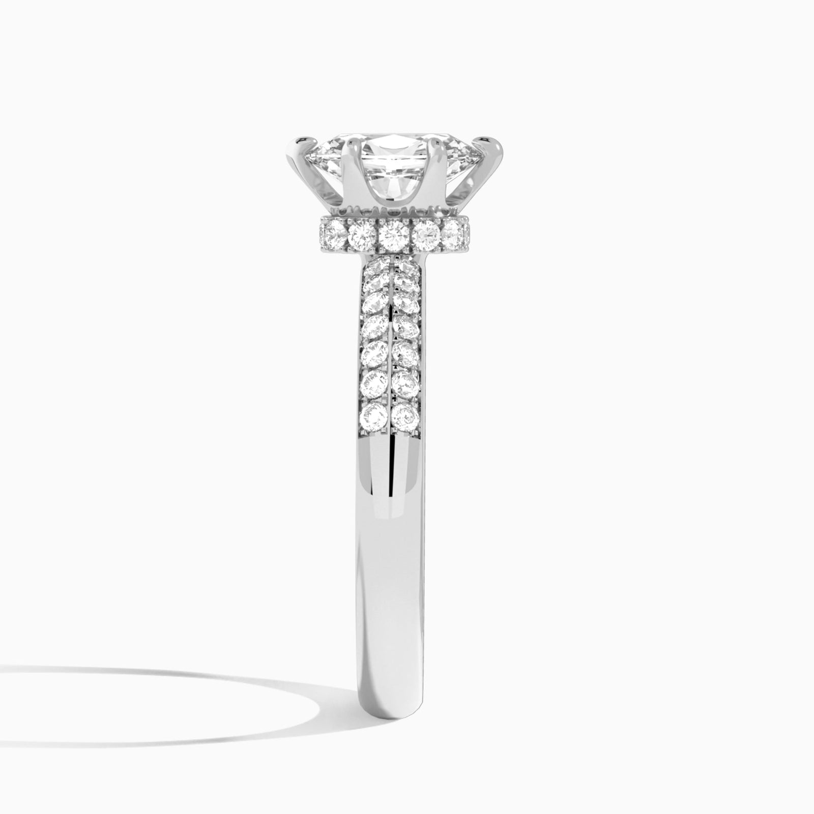 Oval Luxe Hidden Halo Six-Prong Lab Diamond Engagement Ring In 18K White Gold, Side View