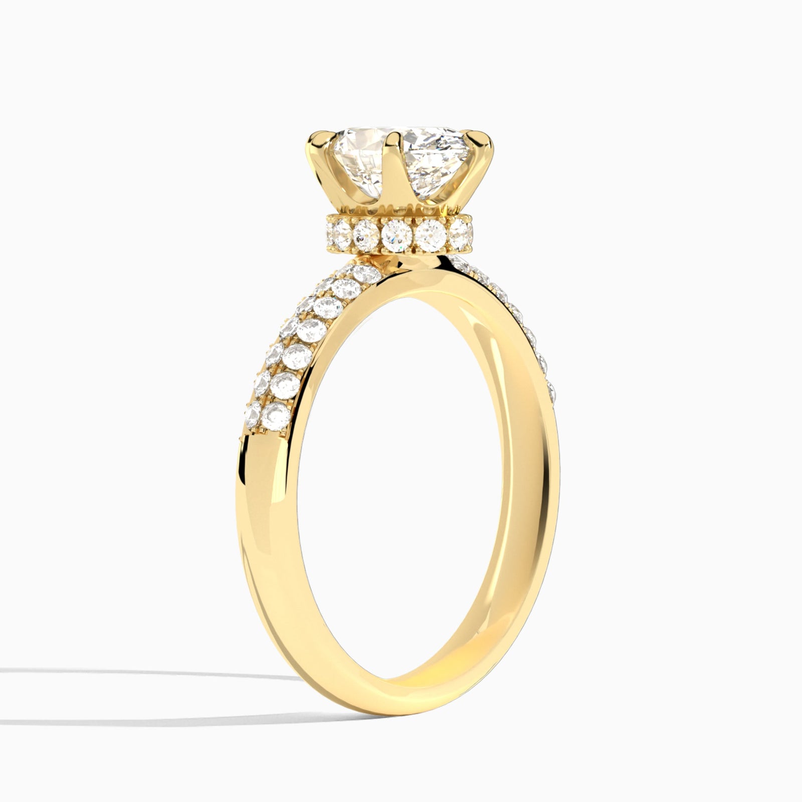 Oval Luxe Hidden Halo Six-Prong Lab Diamond Engagement Ring In 14K Yellow Gold, Angle View