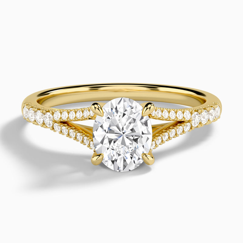 Oval Split Shank Lab Grown Diamond Engagement Ring In 14K Yellow Gold - Lucenjuri