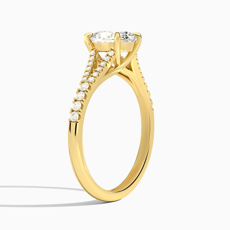 Oval Split Shank Lab Grown Diamond Engagement Ring In 14K Yellow Gold, Angle View