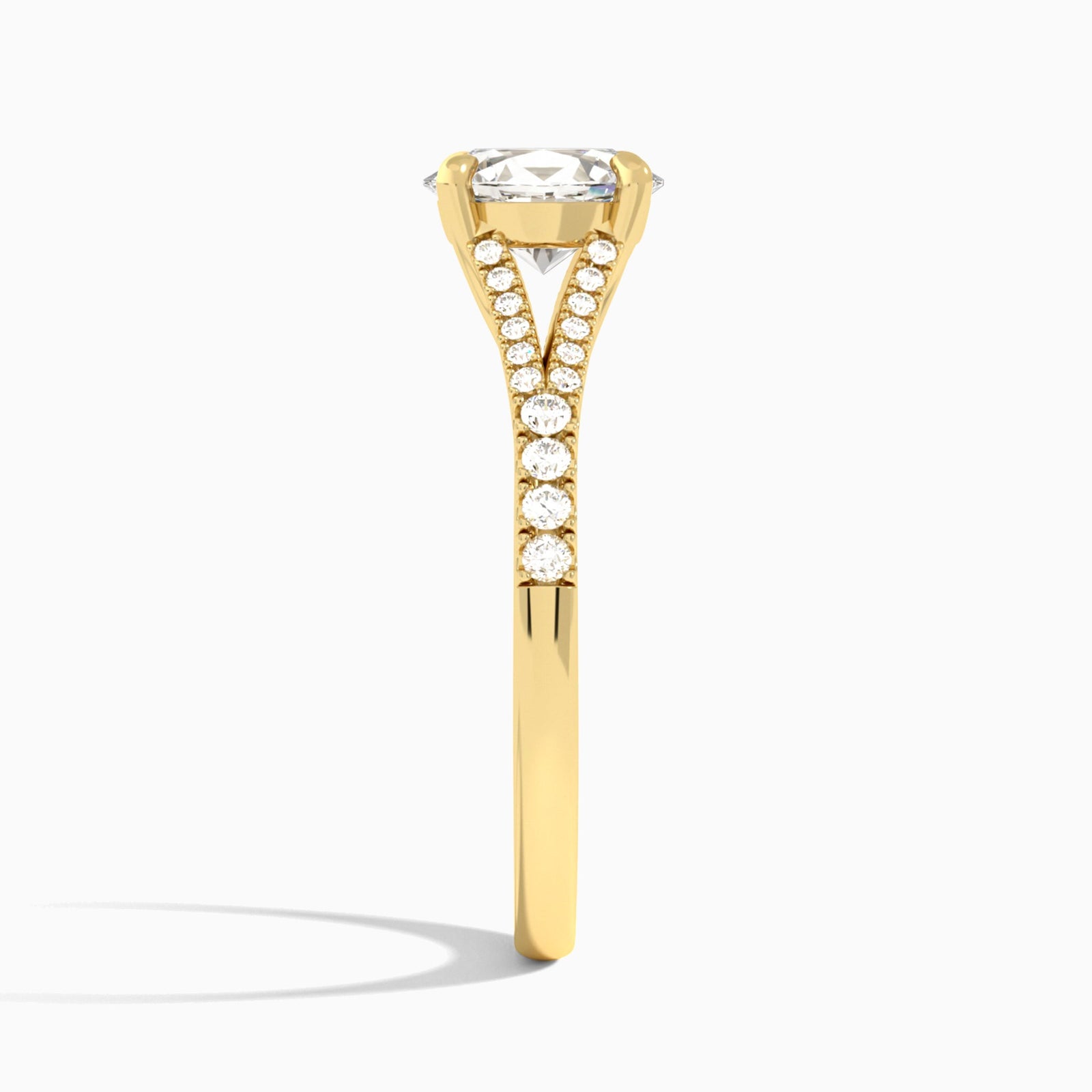 Oval Split Shank Lab Grown Diamond Engagement Ring In 14K Yellow Gold, Side View