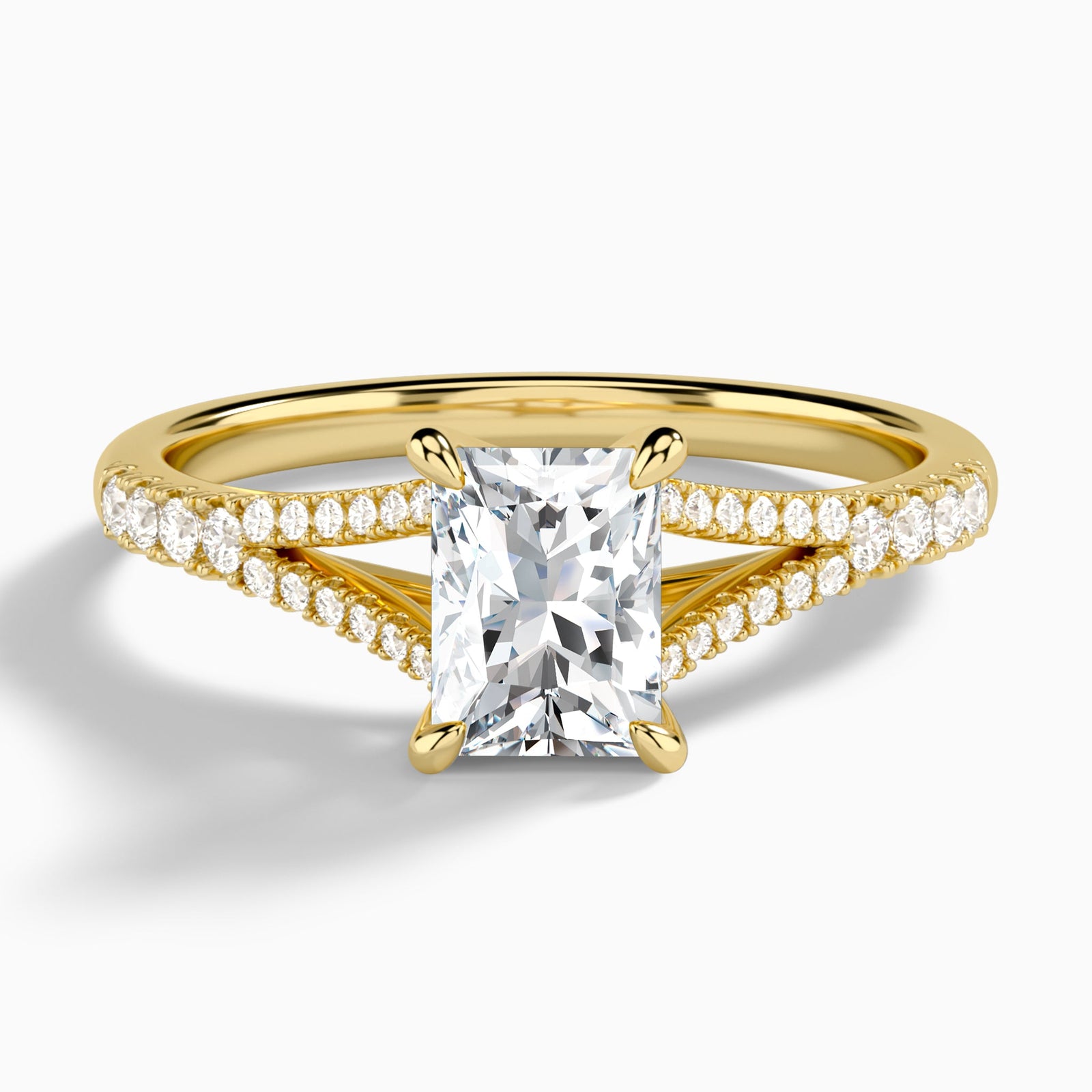 Radiant Split Shank Lab Grown Diamond Engagement Ring In 14K Yellow Gold - Lucenjuri