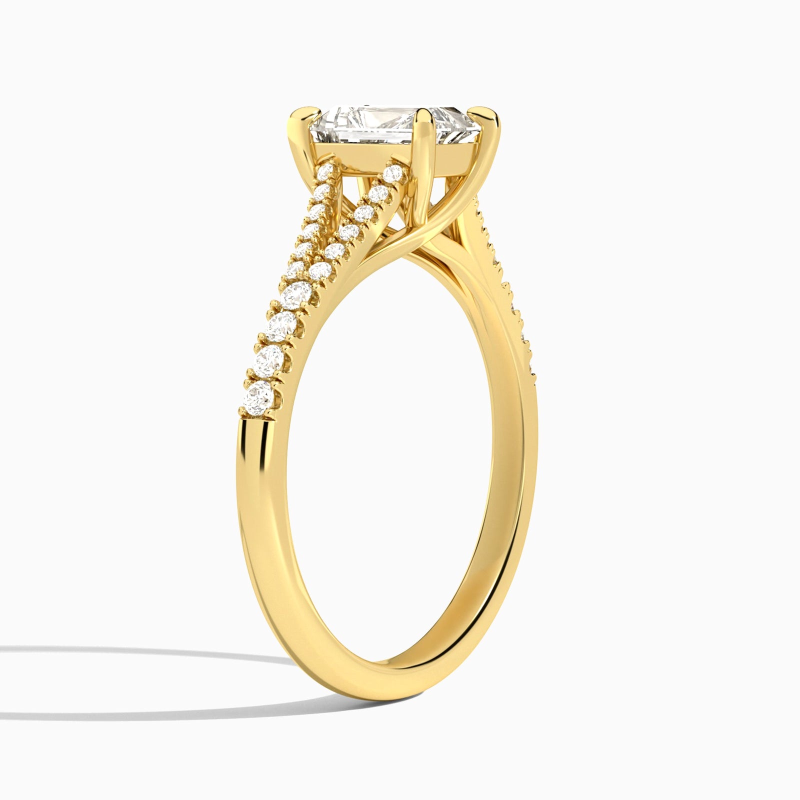 Radiant Split Shank Lab Grown Diamond Engagement Ring In 14K Yellow Gold, Angle View