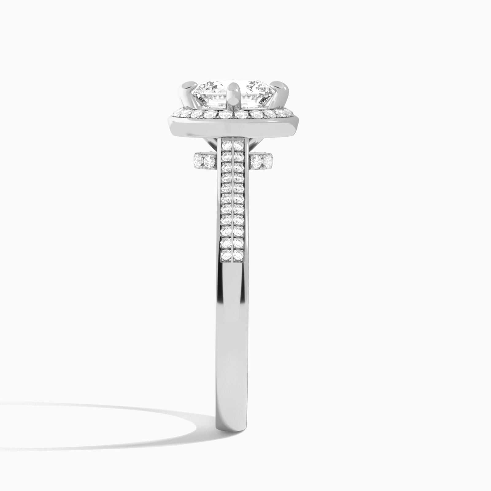 Cushion Double Halo Lab Grown Diamond Engagement Ring In 14K White Gold, Side View