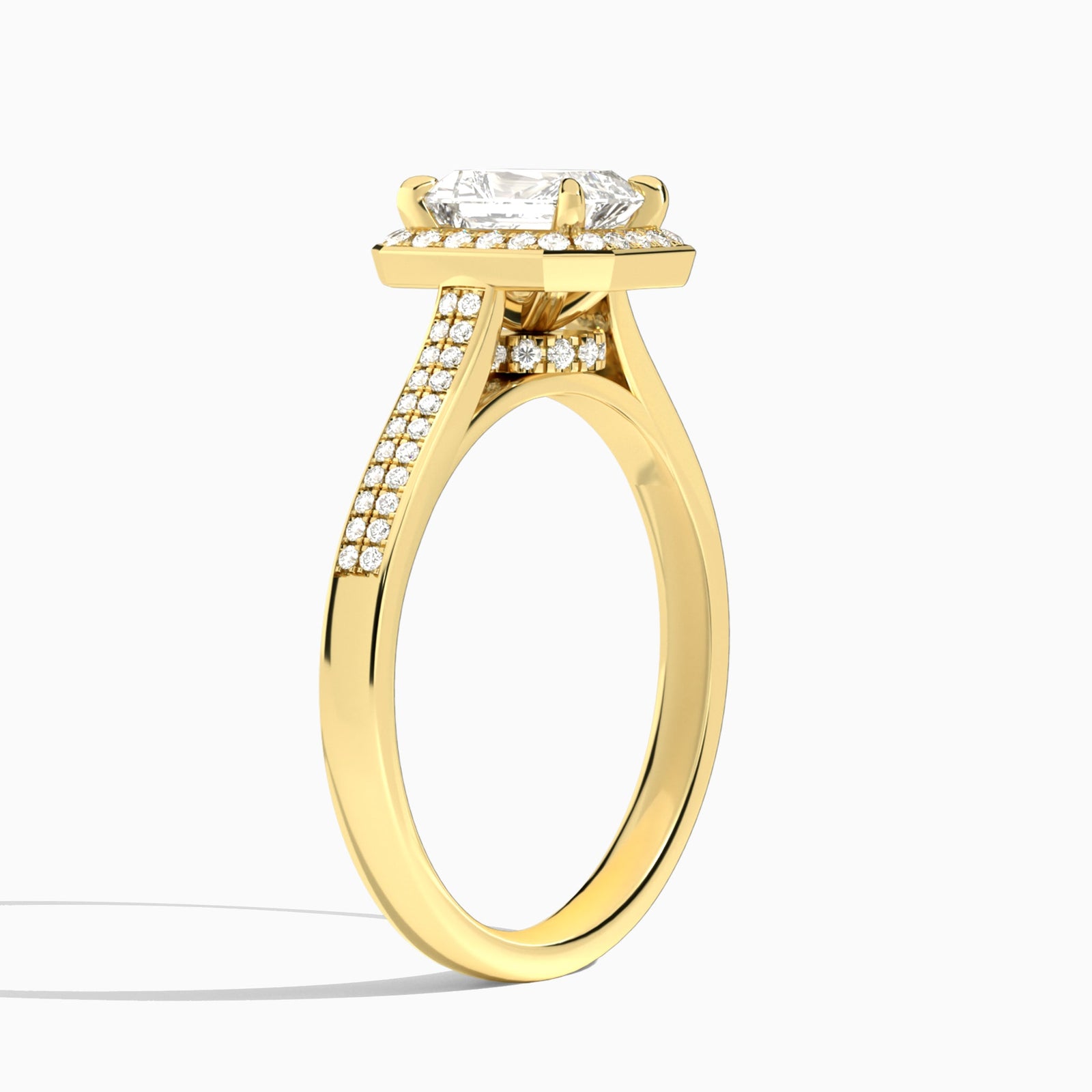 Radiant Double Halo Lab Grown Diamond Engagement Ring In 14K Yellow Gold, Angle View