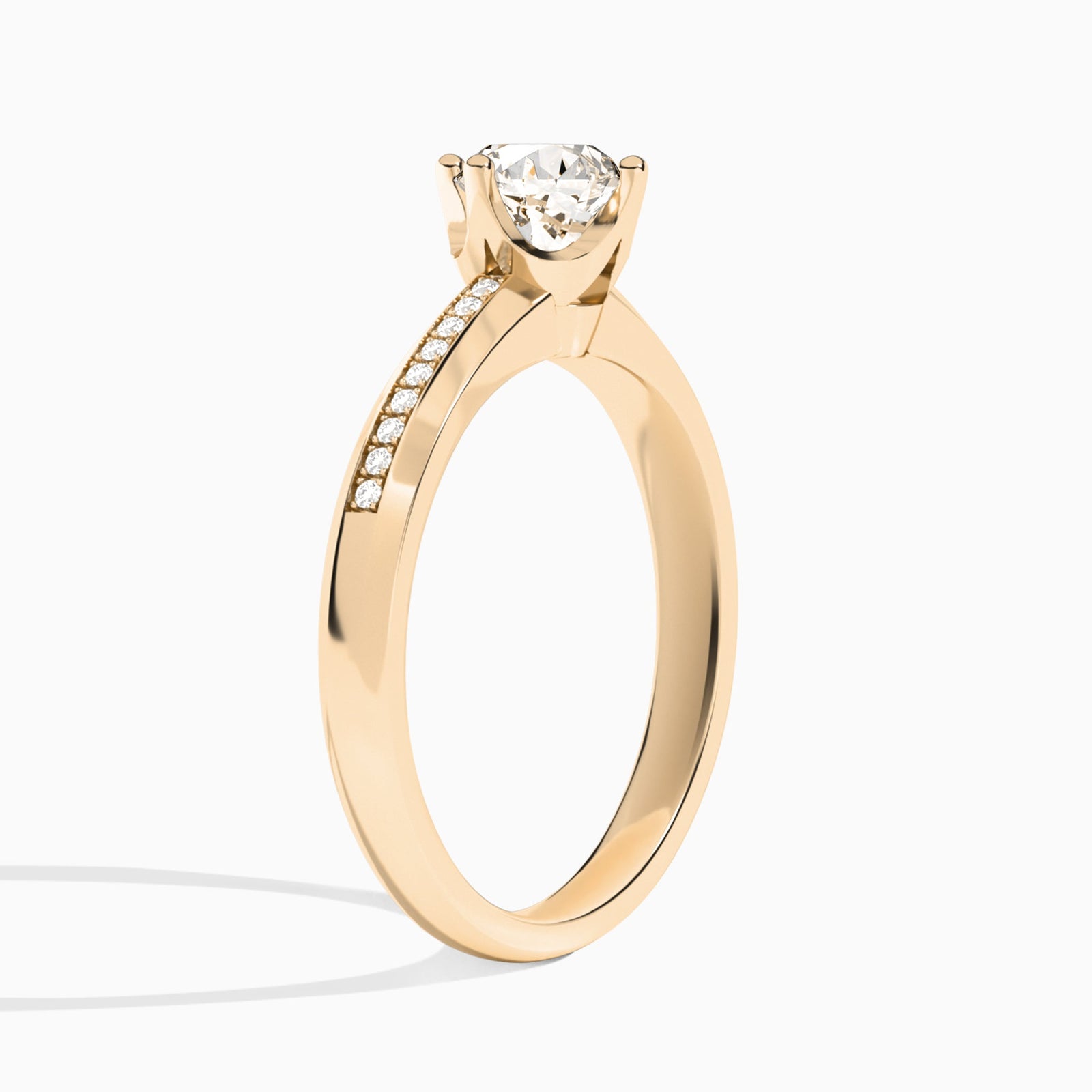Round Adorned Four-Prong Lab Diamond Engagement Ring In 14K Rose Gold, Angle View