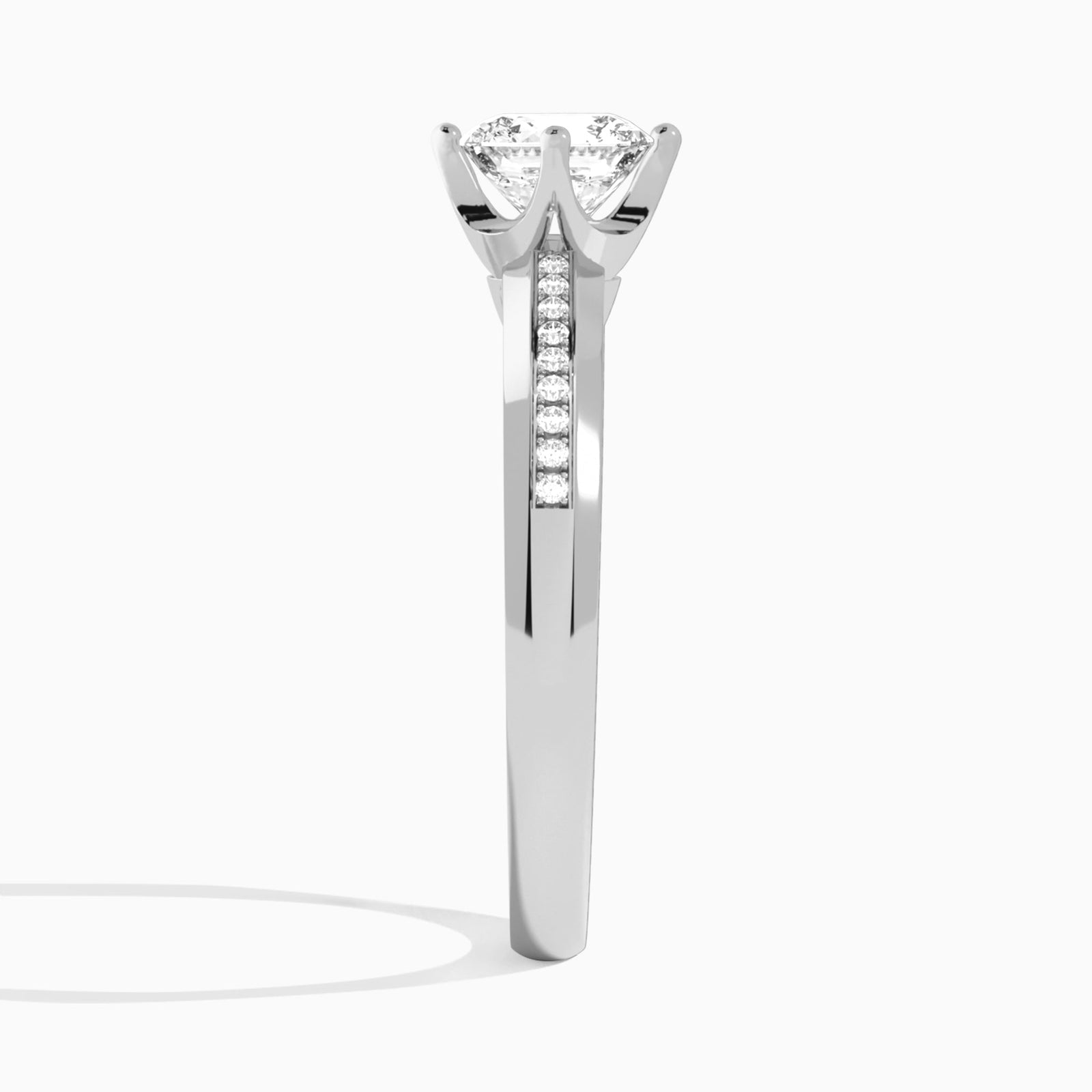 Cushion Adorned Four-Prong Lab Diamond Engagement Ring In 18K White Gold, Side View