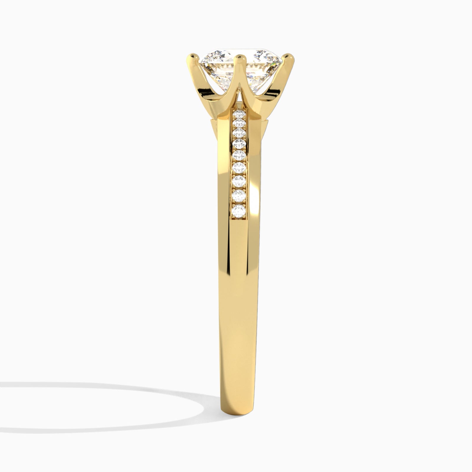 Cushion Adorned Four-Prong Lab Diamond Engagement Ring In 18K Yellow Gold, Side View