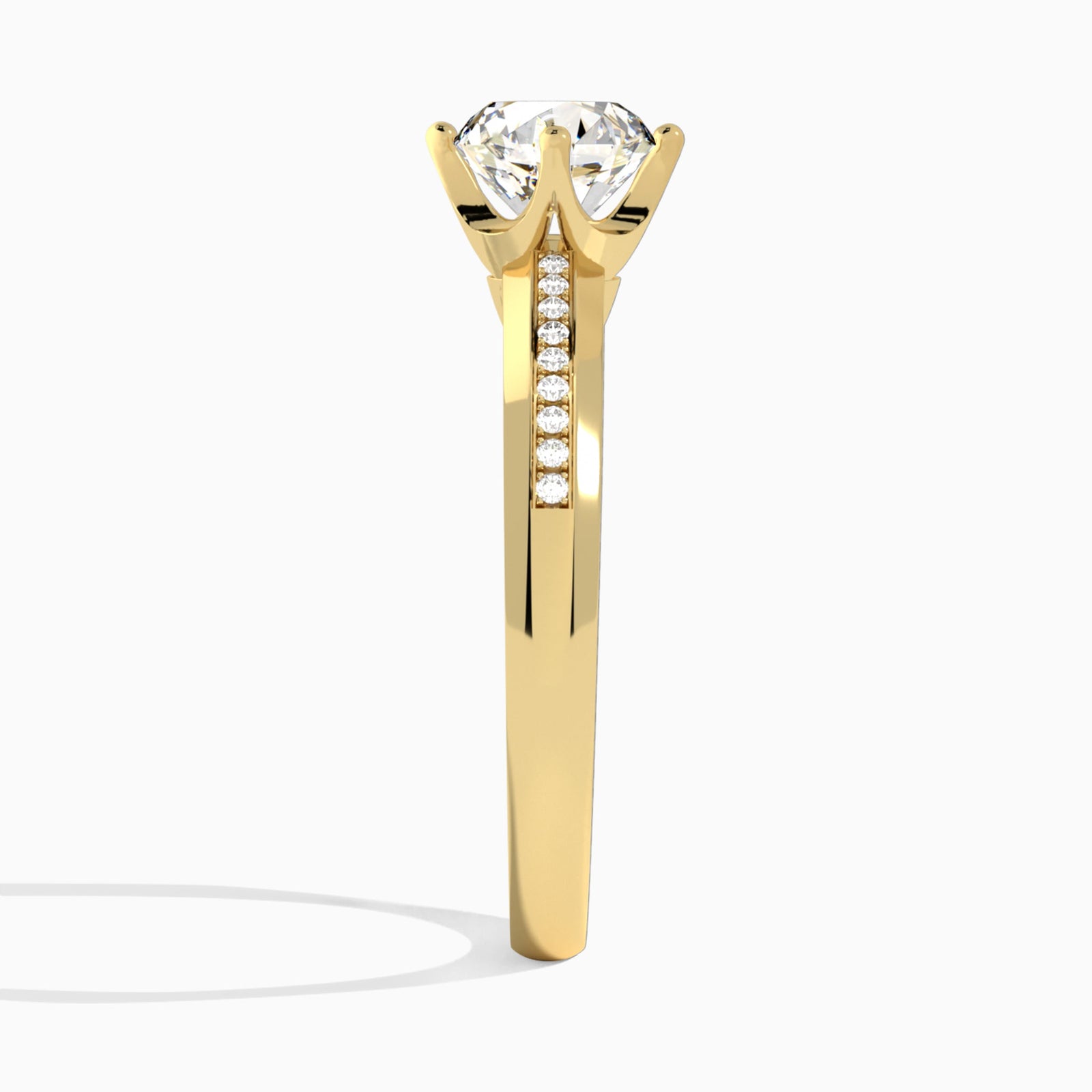 Round Adorned Four-Prong Lab Diamond Engagement Ring In 18K Yellow Gold, Side View