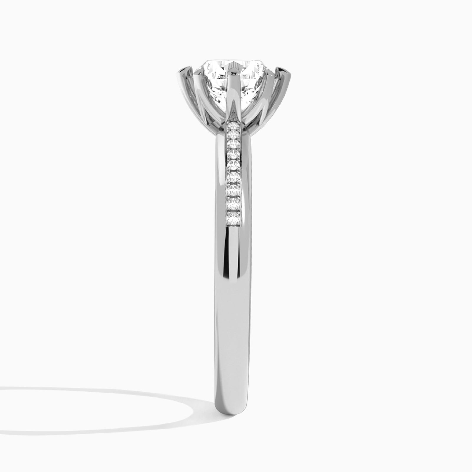 Round Adorned Eight-Prong Lab Grown Diamond Engagement Ring In Platinum, Side View