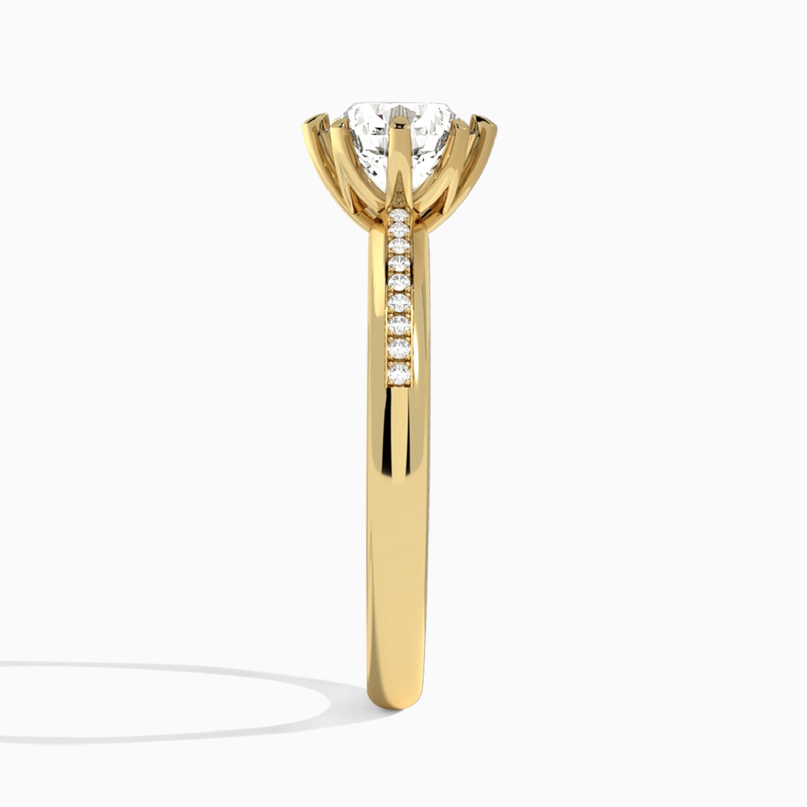 Round Adorned Eight-Prong Lab Diamond Engagement Ring In 18K Yellow Gold, Side View