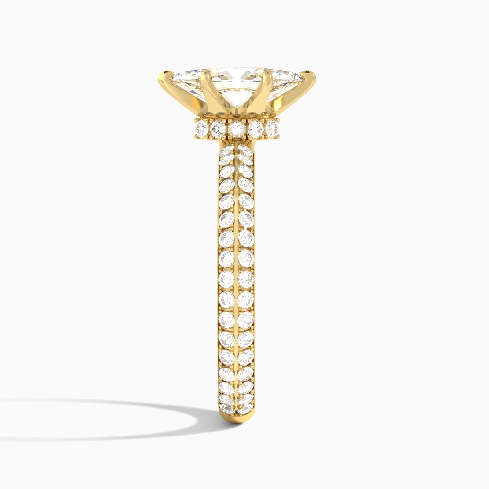 Marquise Hidden Halo Pavé Lab Diamond Engagement Ring In 14K Yellow Gold, Side View