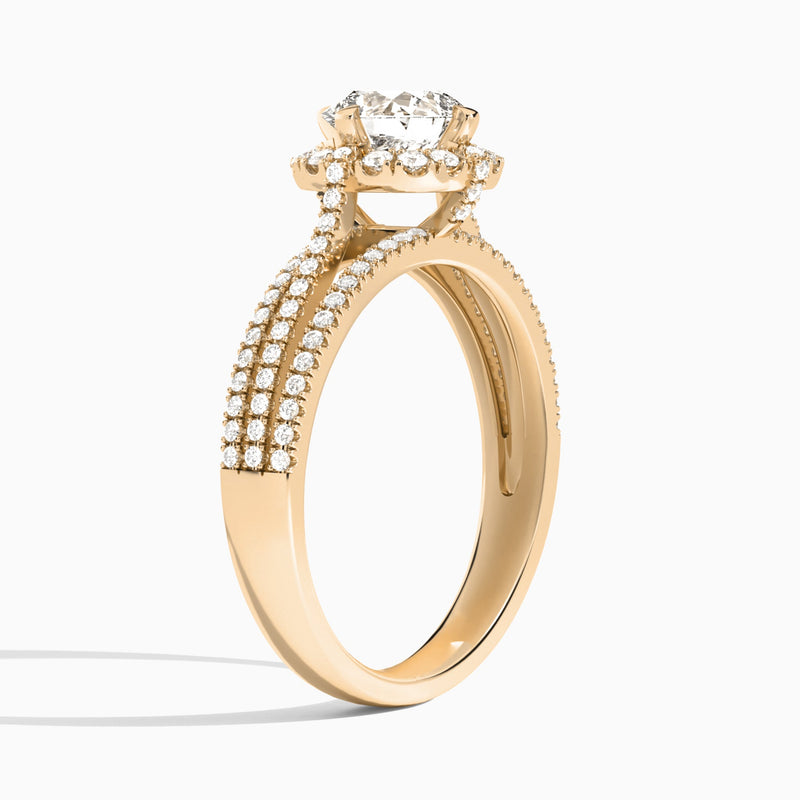Cushion Split Shank Halo Lab Grown Diamond Engagement Ring In 14K Rose Gold, Angle View