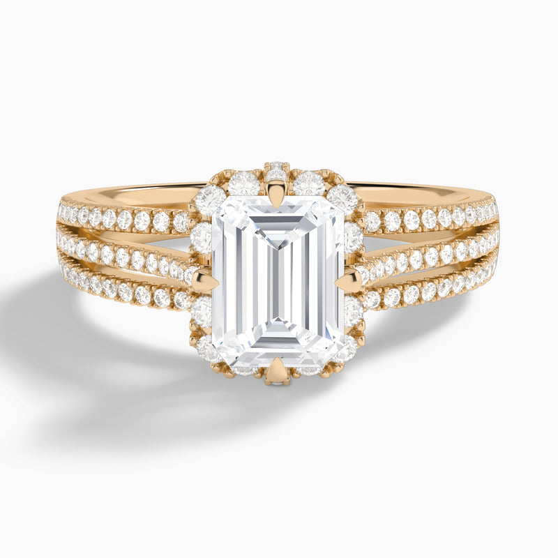 Emerald Split Shank Halo Lab Grown Diamond Engagement Ring In 14K Rose Gold - Lucenjuri