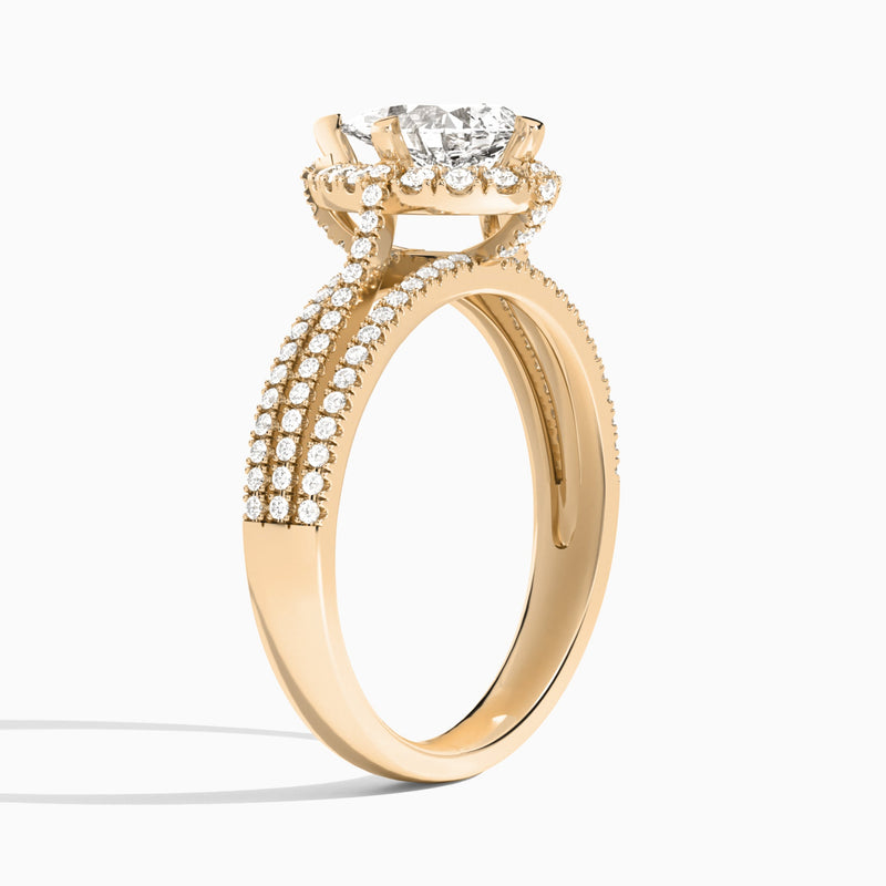 Pear Split Shank Halo Lab Grown Diamond Engagement Ring In 14K Rose Gold, Angle View