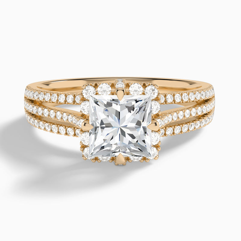 Princess Split Shank Halo Lab Grown Diamond Engagement Ring In 14K Rose Gold - Lucenjuri