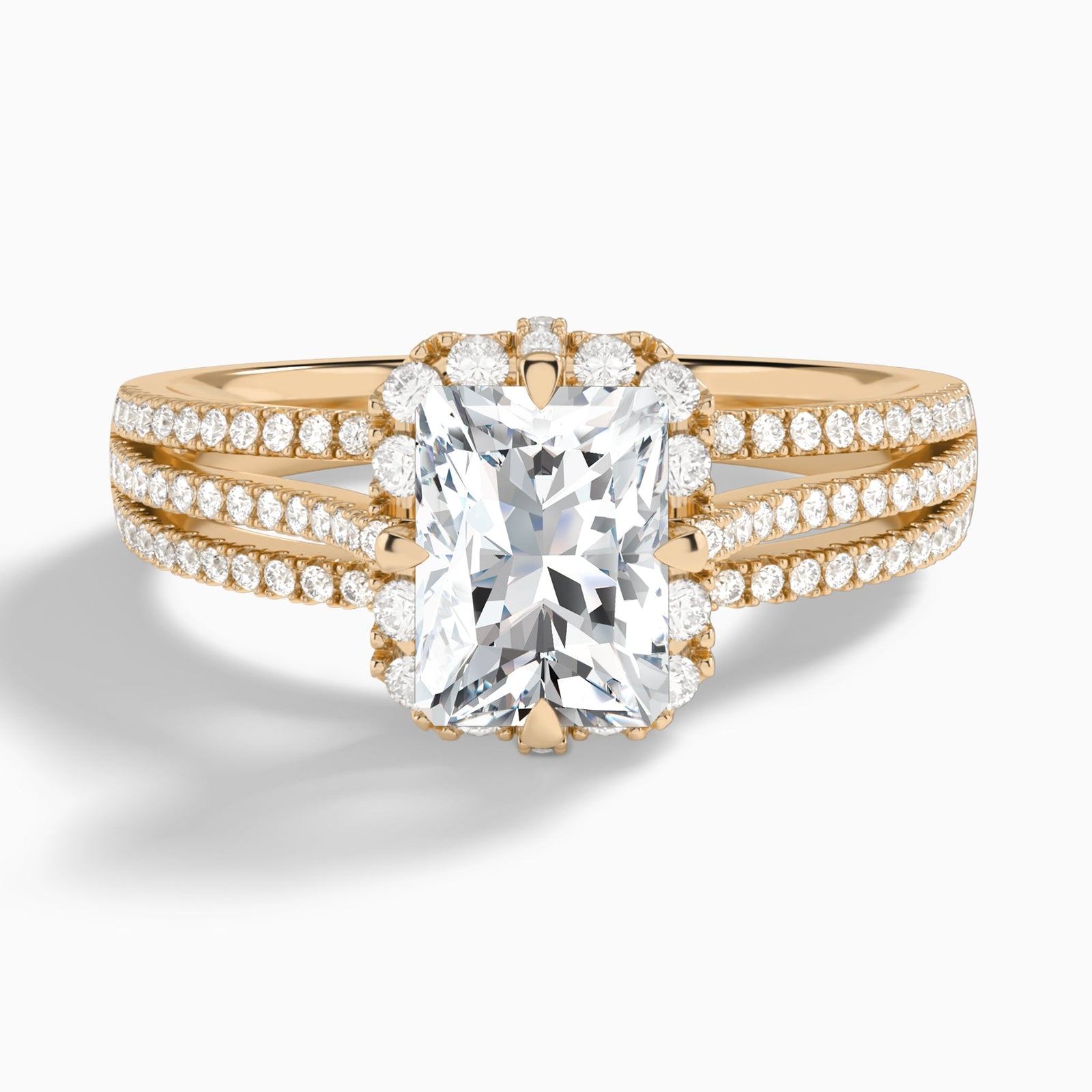 Radiant Split Shank Halo Lab Grown Diamond Engagement Ring In 14K Rose Gold - Lucenjuri