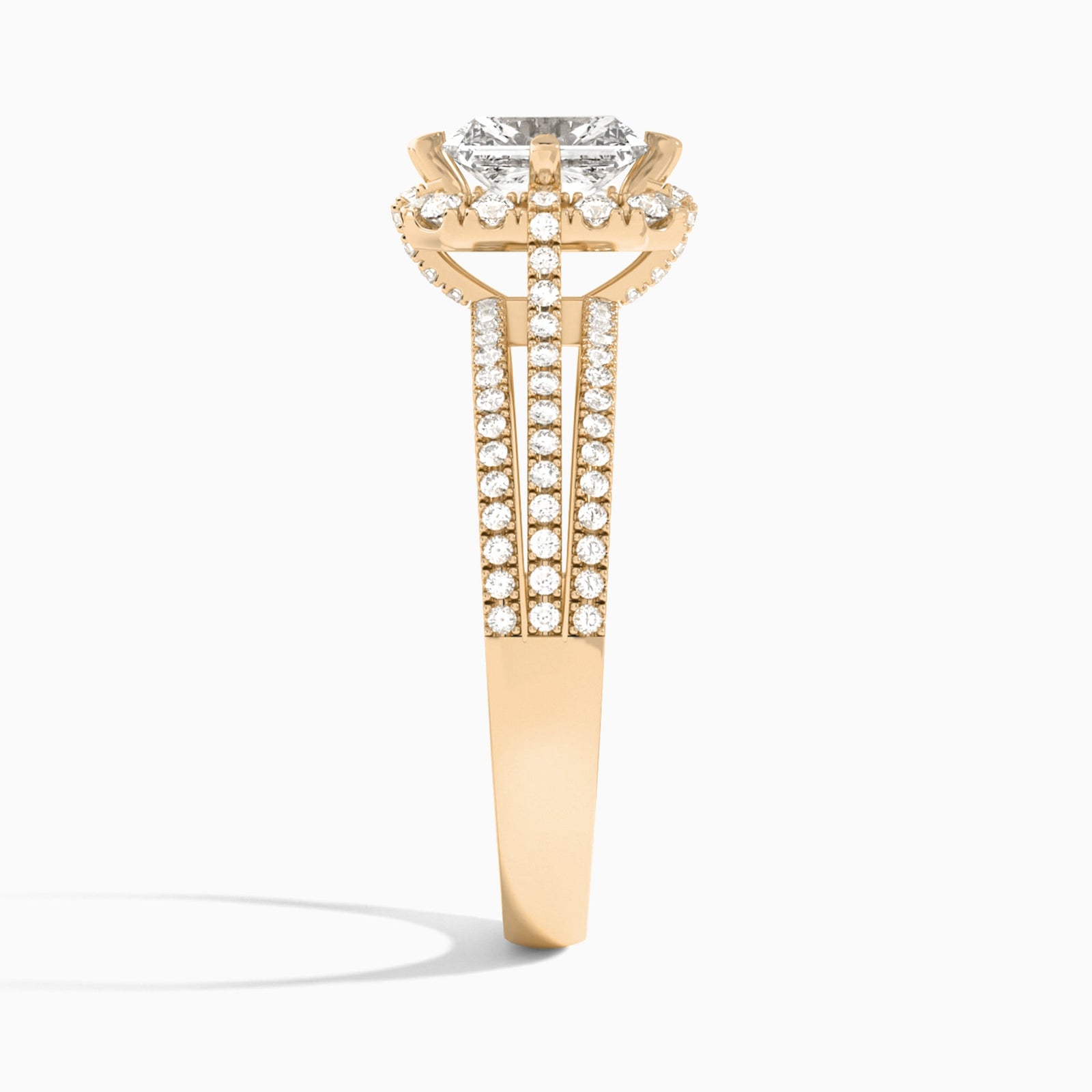 Radiant Split Shank Halo Lab Grown Diamond Engagement Ring In 14K Rose Gold, Side View
